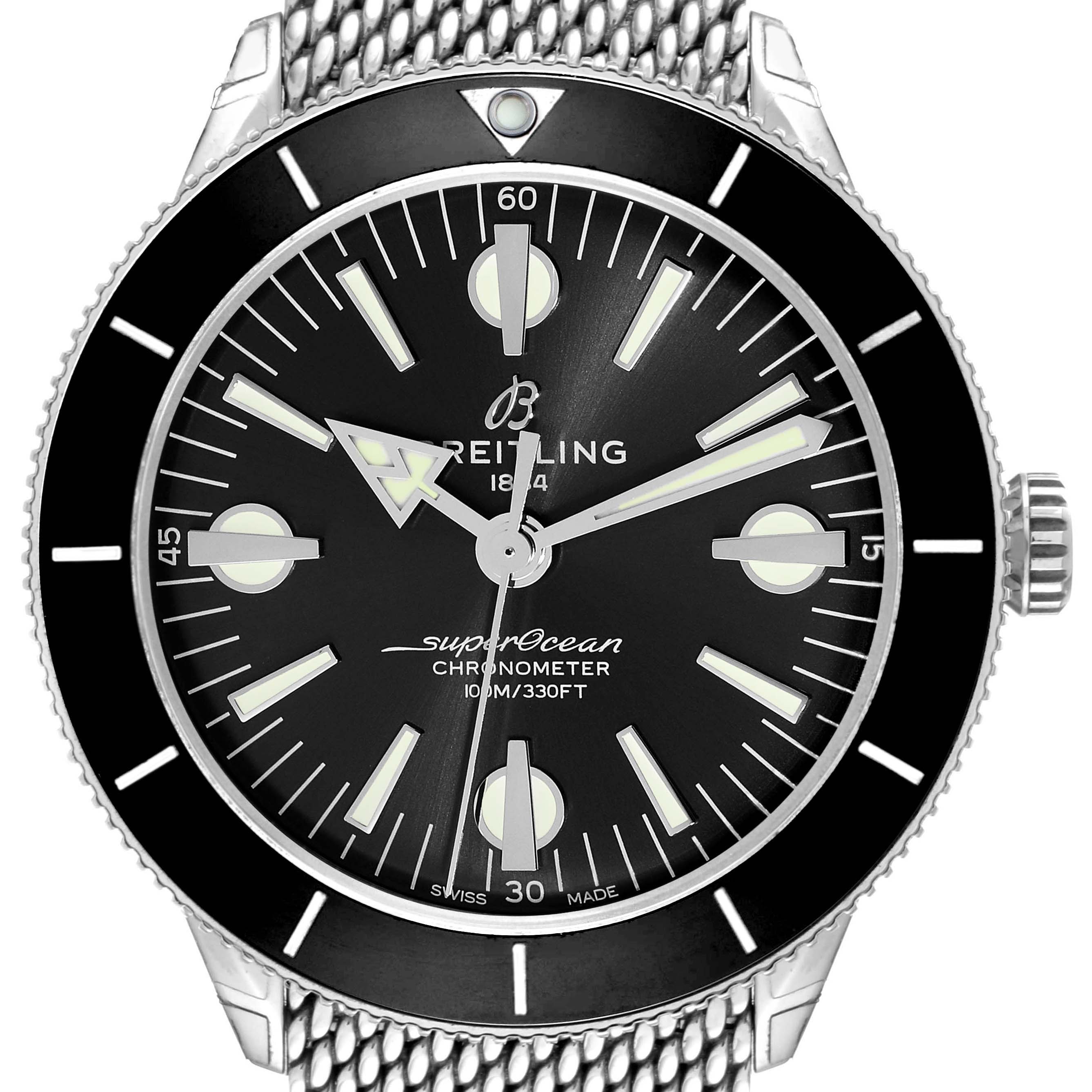 The Breitling Superocean A10370 Men
s Stainless Steel Black Dial A10370 Men
s Stainless Steel Black Dial watch is shown from a front angle, highlighting the dial, bezel, and mesh bracelet.