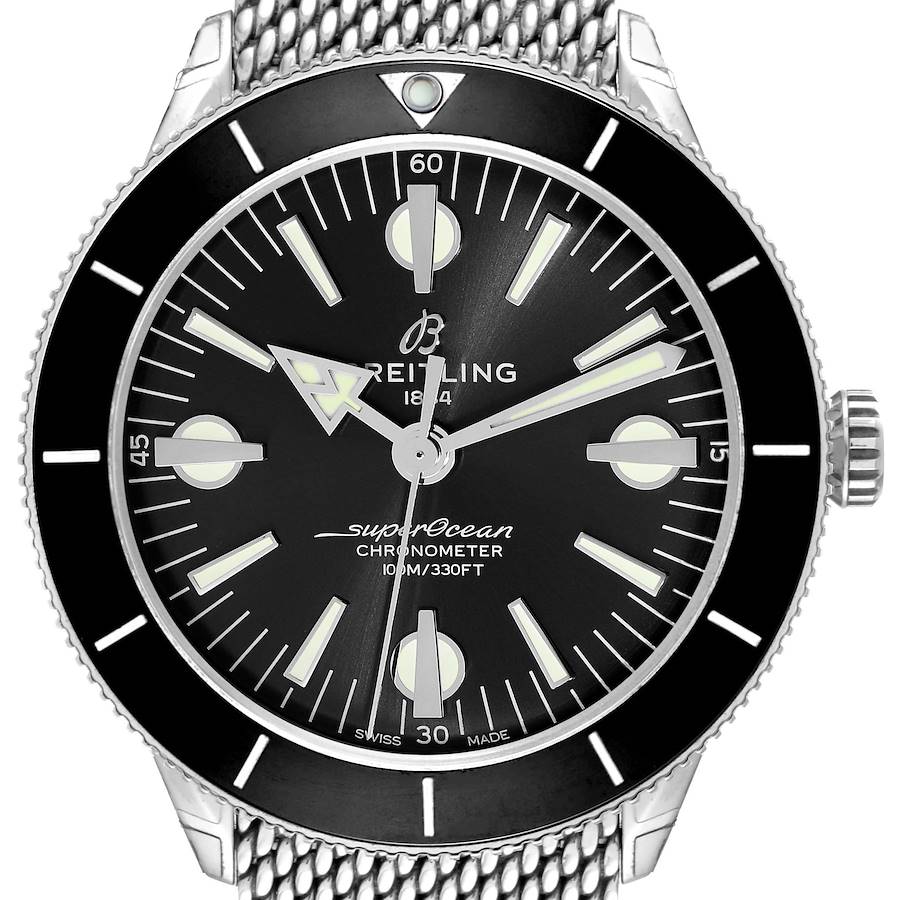 The Breitling Superocean watch is shown from a front angle, highlighting the dial, bezel, and mesh bracelet.