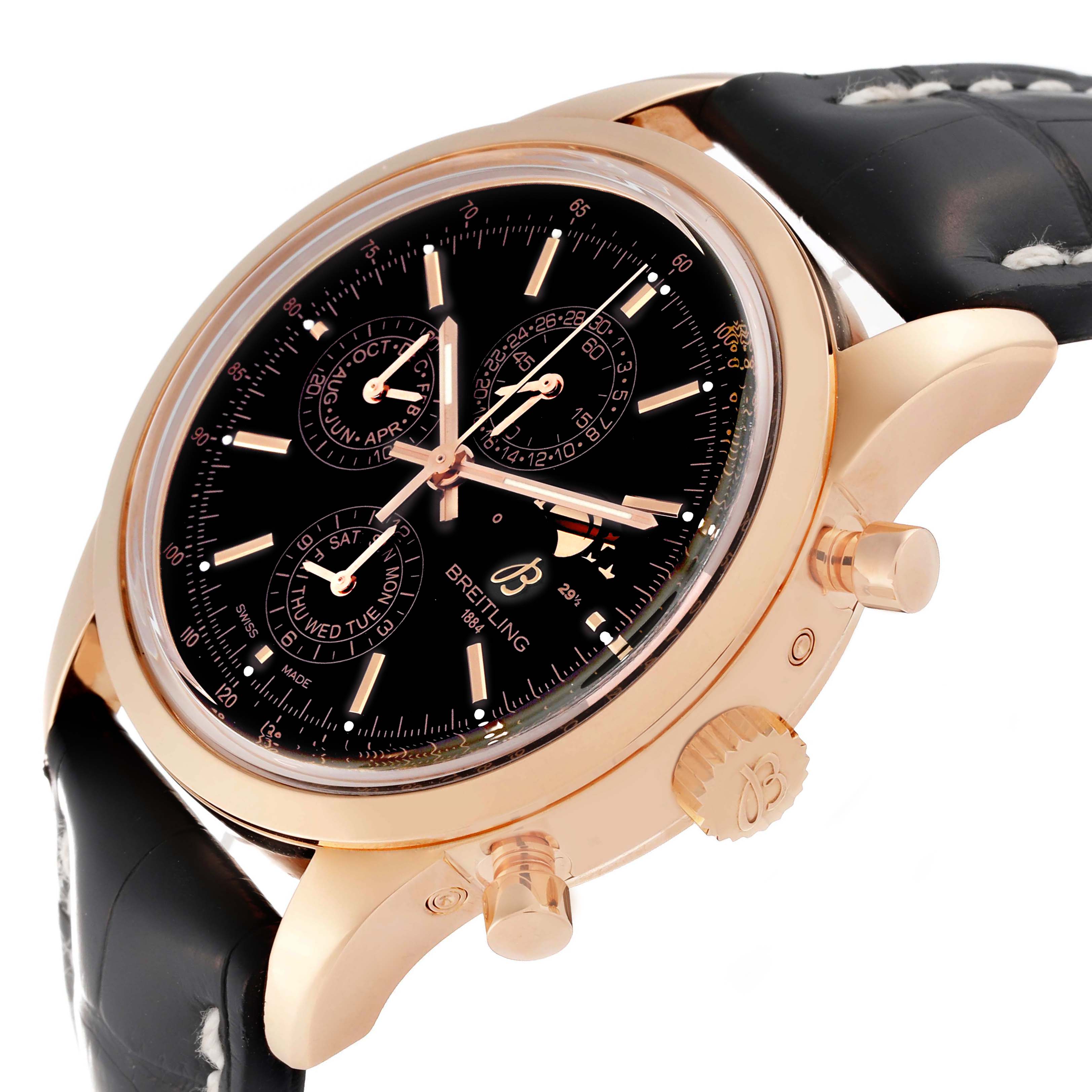 The Breitling Transocean R19310 Men's Rose Gold Black Dial watch is shown at an angled side view, displaying its rose gold case, black dial with subdials, and black leather strap.