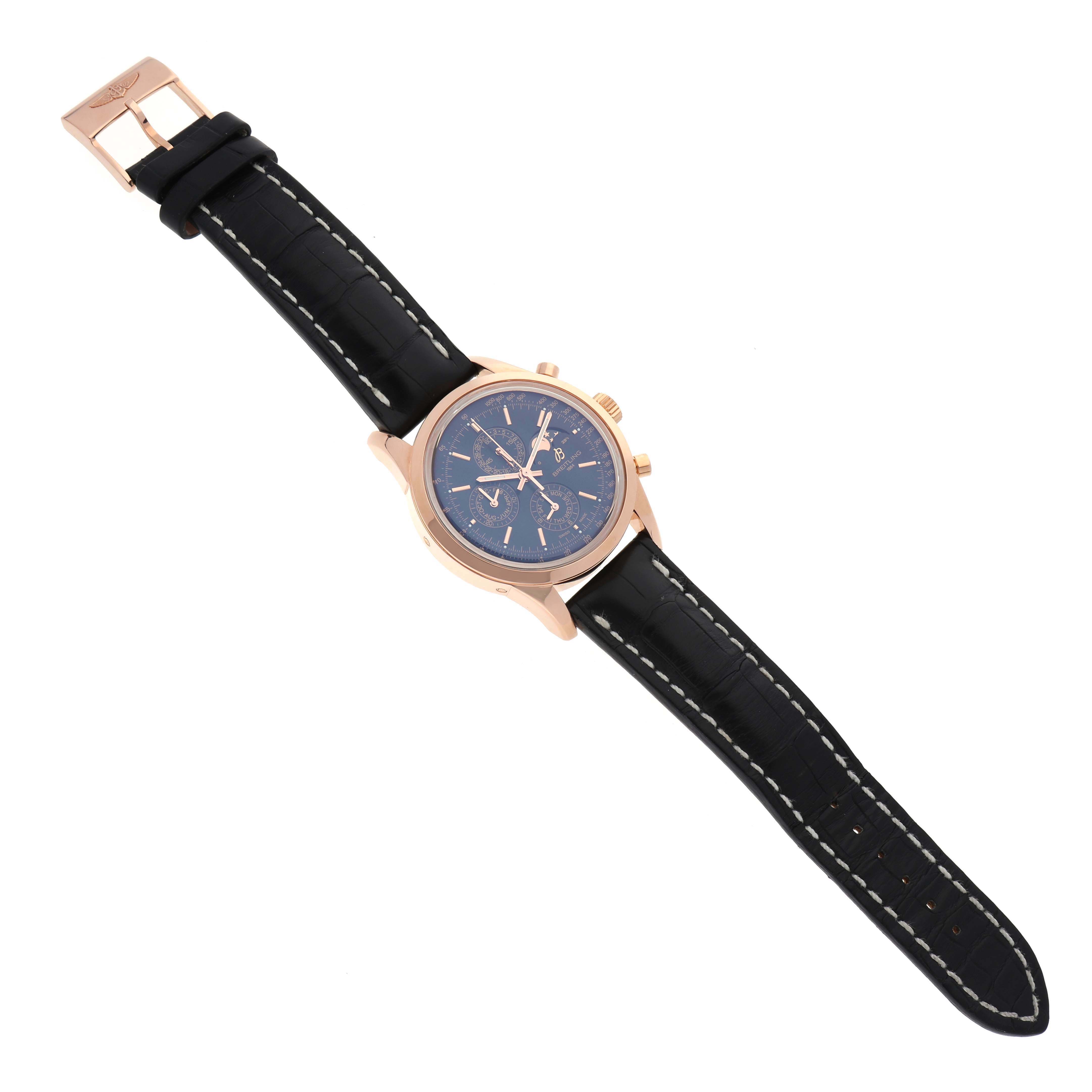 The image shows a full frontal view of a Breitling Transocean R19310 Men's Rose Gold Black Dial R19310 Men's Rose Gold Black Dial watch, highlighting its dial, bezel, crown, pushers, and leather strap.