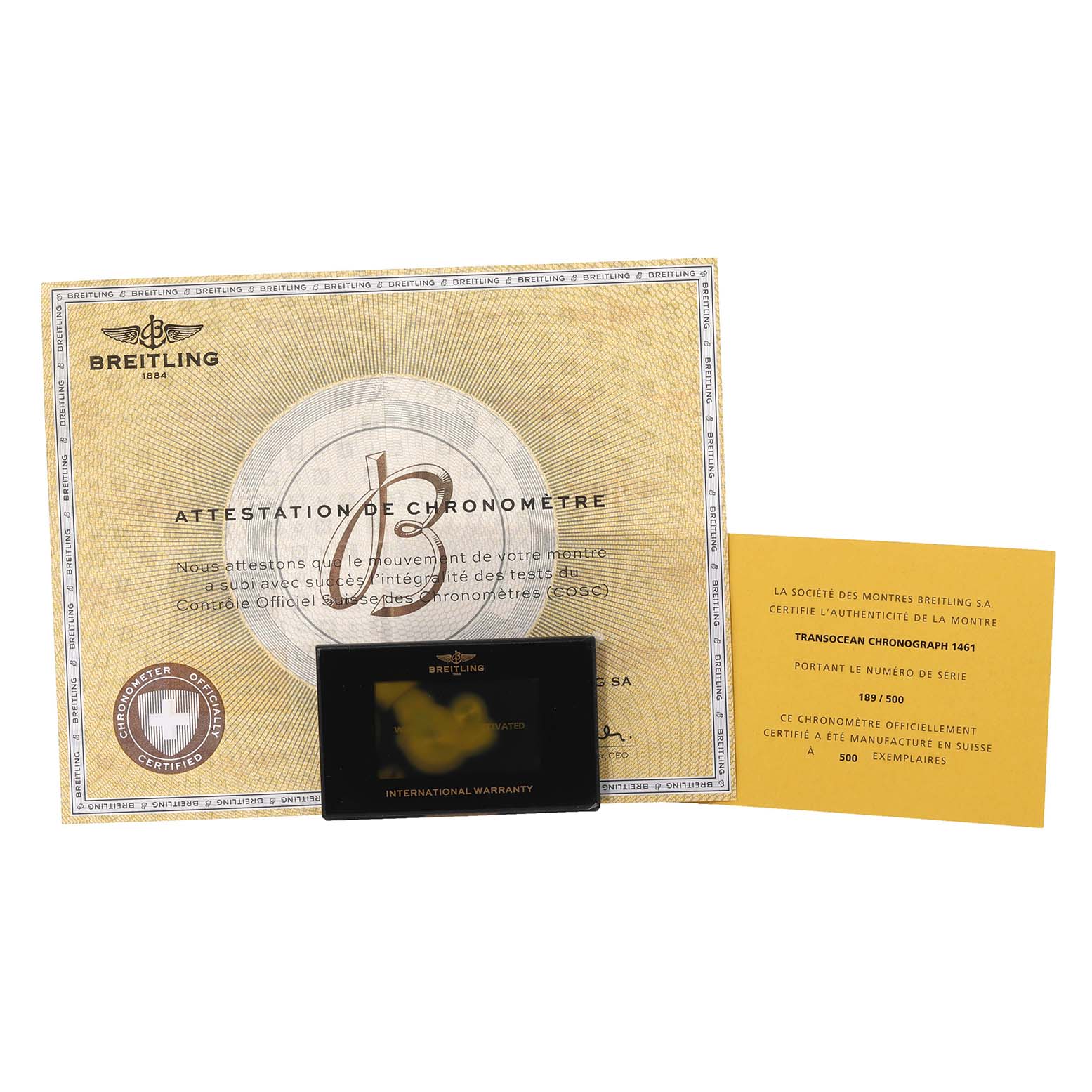 The image shows the certificates and international warranty card for the Breitling Transocean R19310 Men's Rose Gold Black Dial R19310 Men's Rose Gold Black Dial model watch.