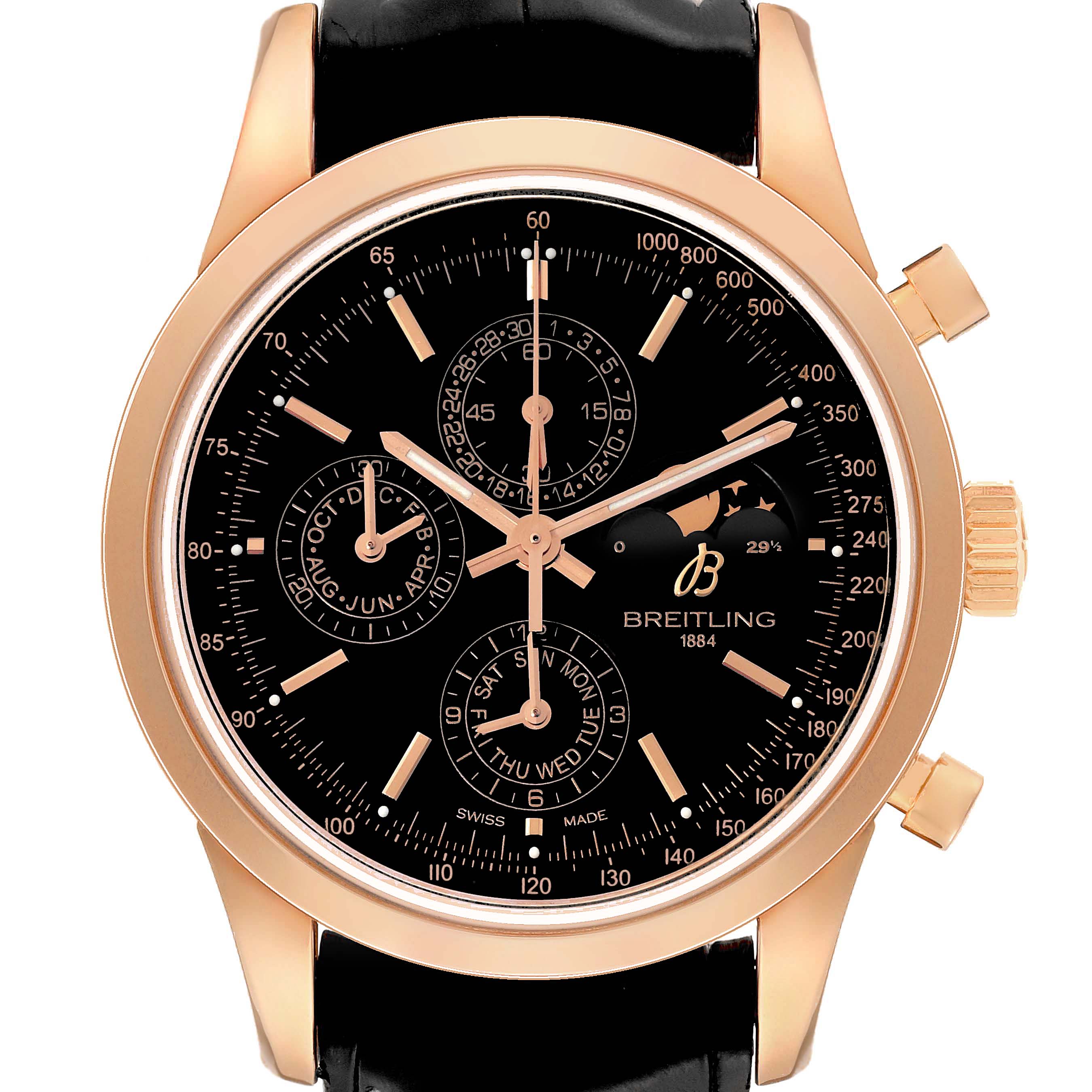 The image shows a frontal view of the Breitling Transocean R19310 Men's Rose Gold Black Dial watch, highlighting its dial, subdials, crown, and leather strap.