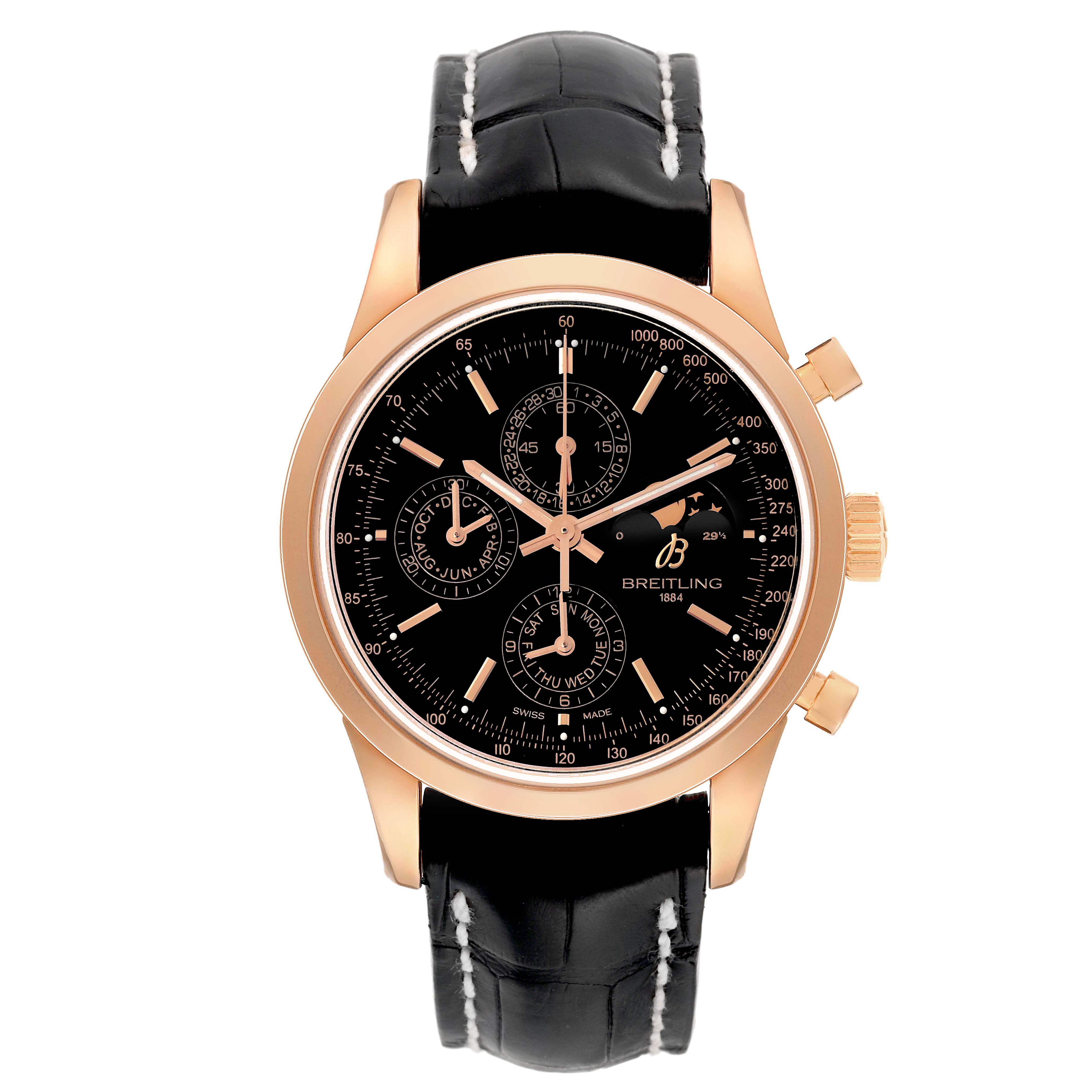 The Breitling Transocean R19310 Men's Rose Gold Black Dial watch is shown from the front, highlighting its dial, case, and leather strap.