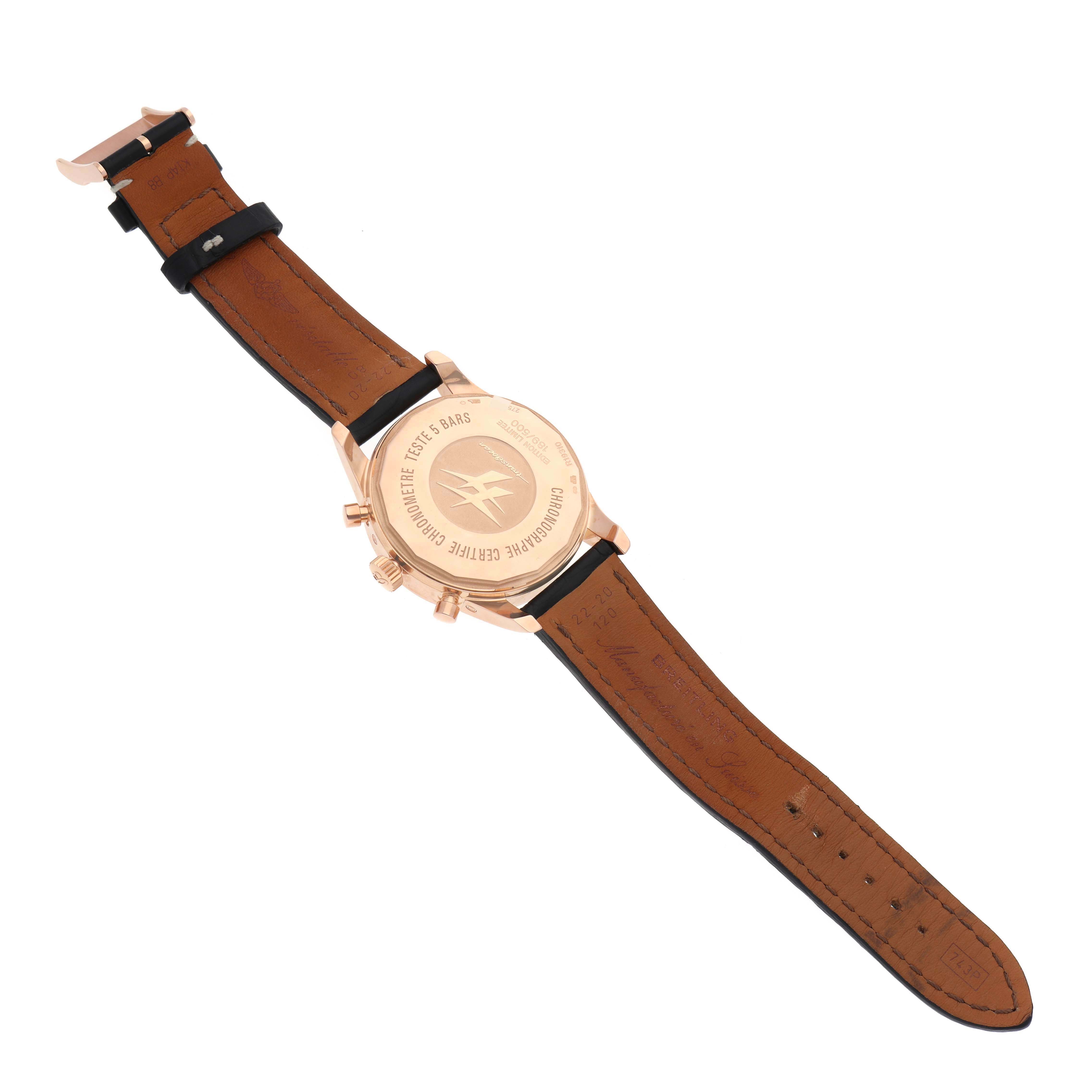 The image shows the backside of the Breitling Transocean R19310 Men's Rose Gold Black Dial R19310 Men's Rose Gold Black Dial watch, highlighting the back case and leather strap in a laid-flat position.