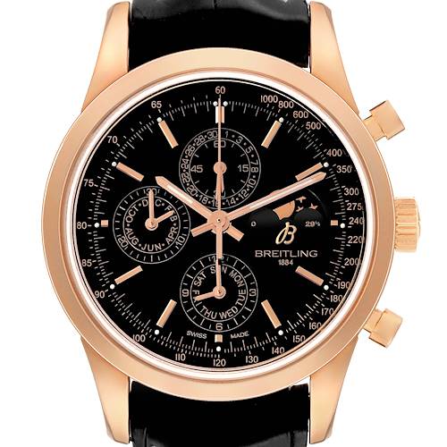 The Breitling Transocean R19310 Men's Rose Gold Black Dial watch is shown from a front angle, displaying the face, subdials, and crown.