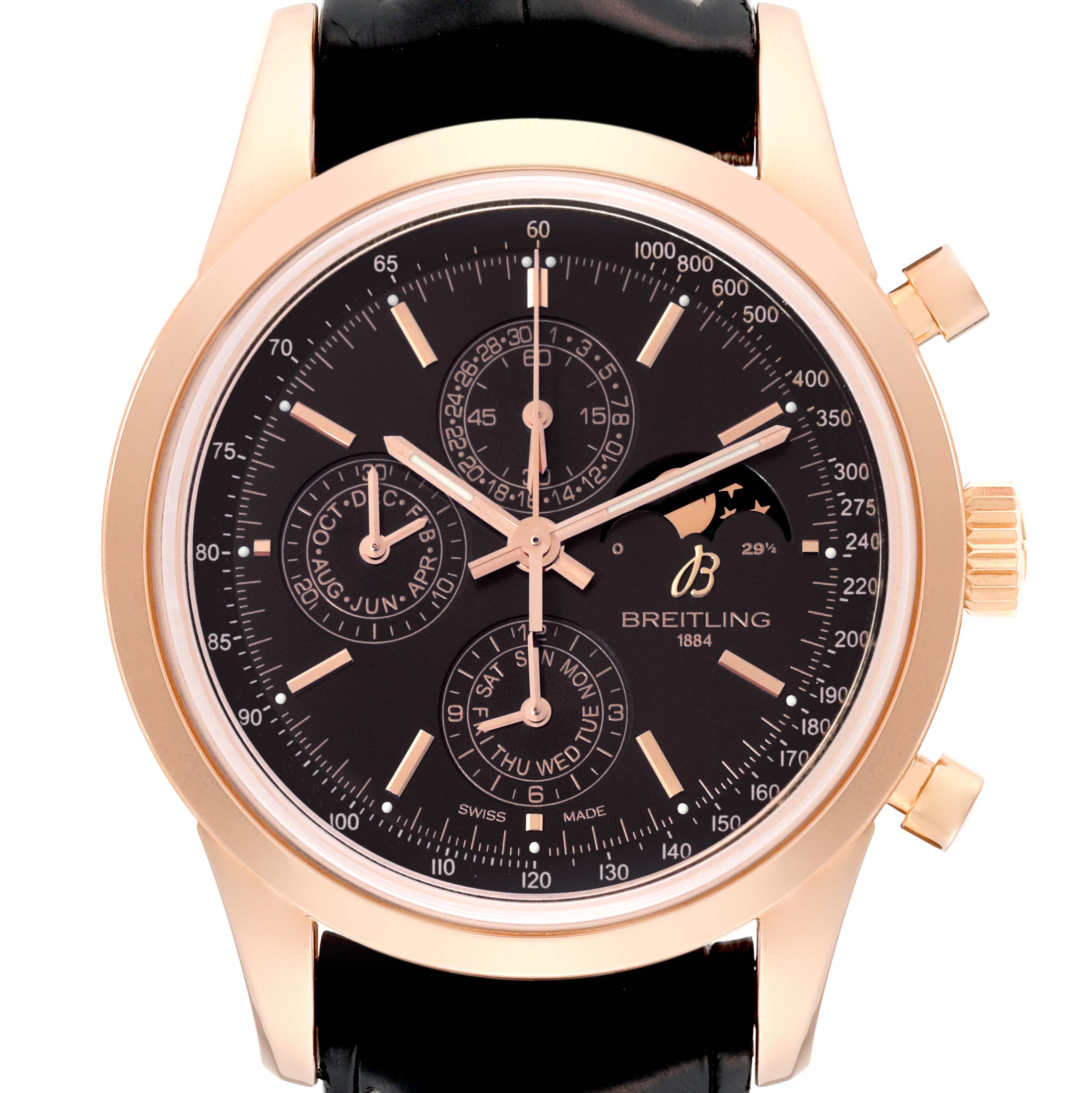 The image shows a front view of the Breitling Transocean R19310 Men's Rose Gold Black Dial R19310 Men's Rose Gold Black Dial watch, displaying the dial, hands, sub-dials, and crown.