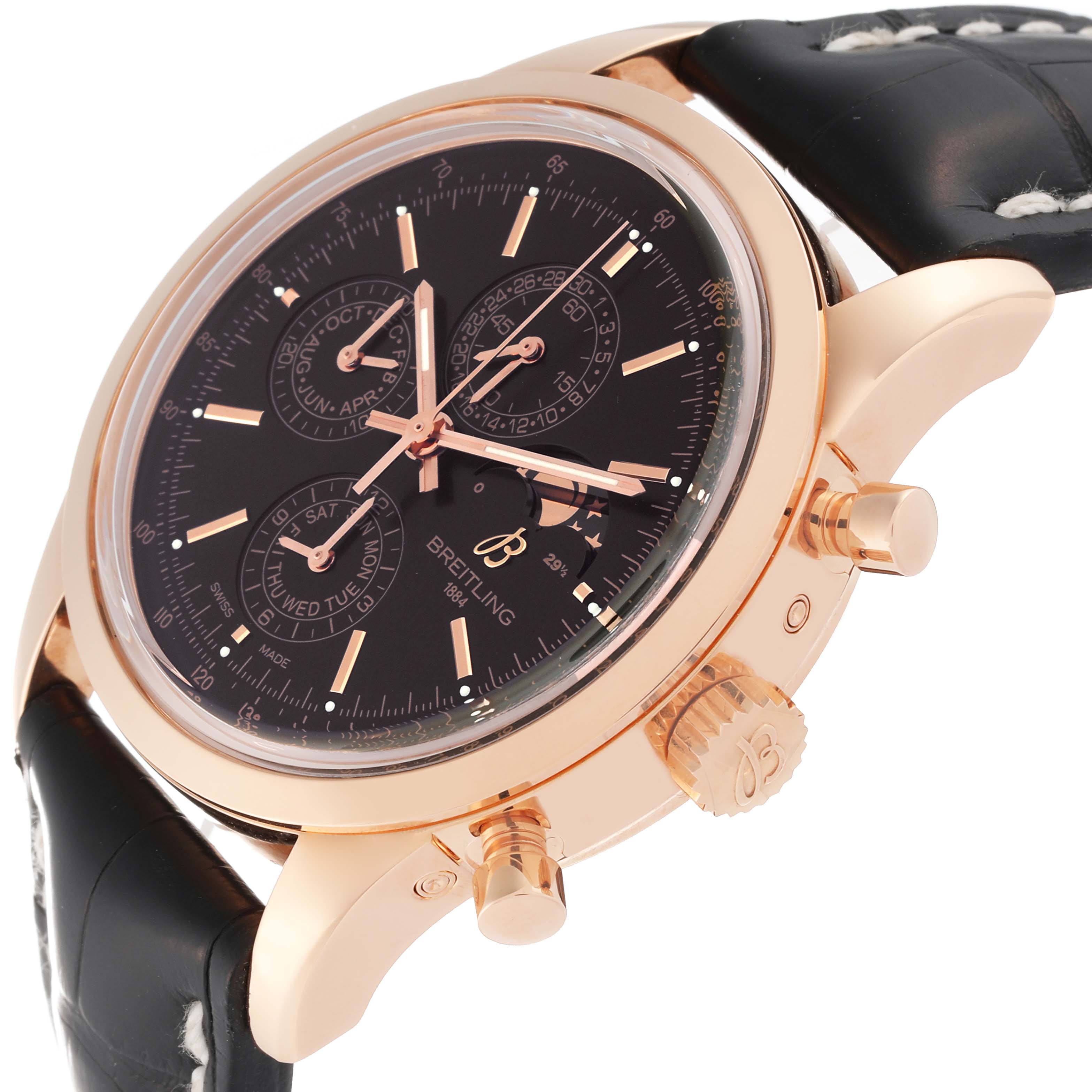 The image shows a side angle view of the Breitling Transocean R19310 Men's Rose Gold Black Dial R19310 Men's Rose Gold Black Dial watch, highlighting the crown, pushers, black dial, and leather strap.