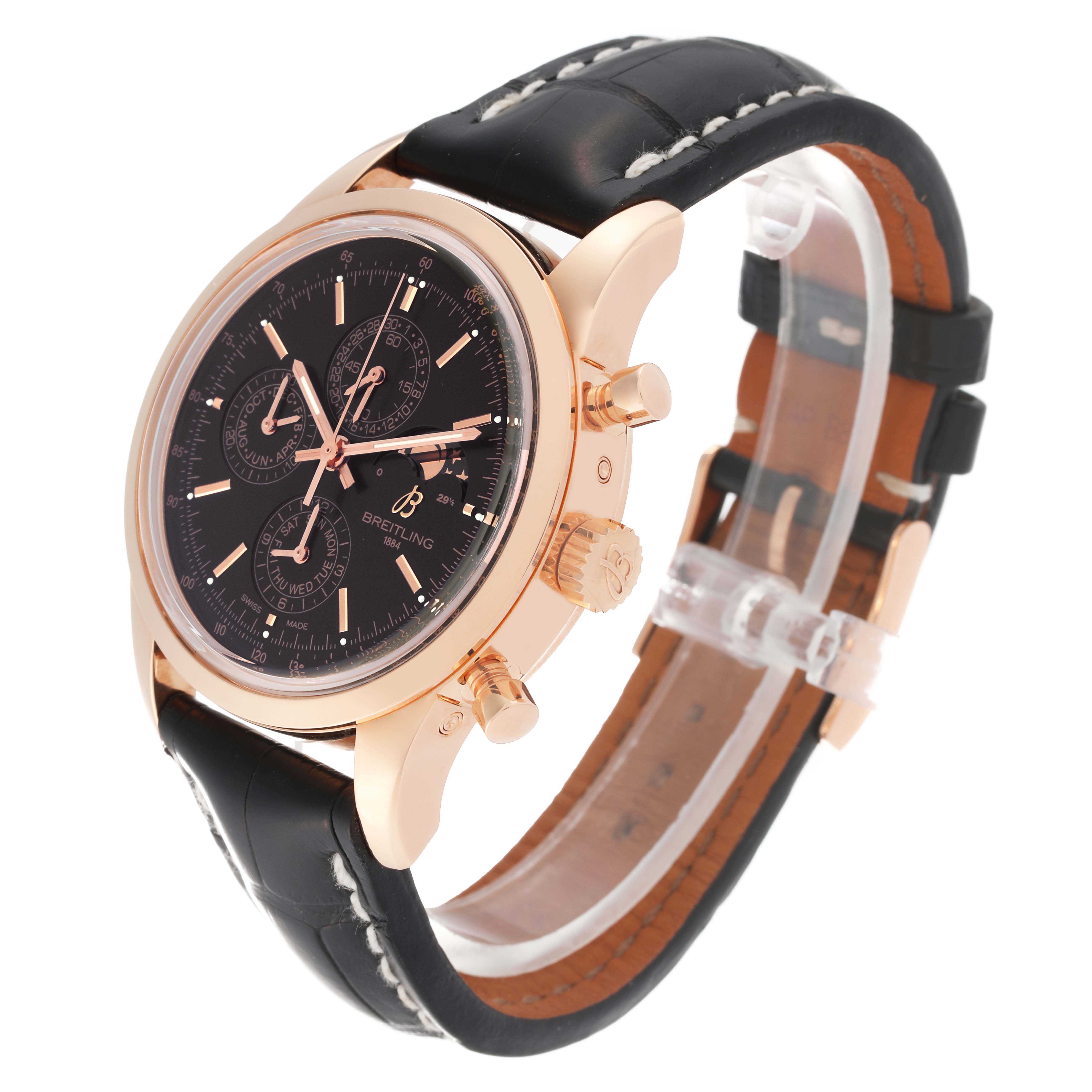 The Breitling Transocean R19310 Men's Rose Gold Black Dial R19310 Men's Rose Gold Black Dial watch is shown at a side angle, highlighting its black strap, gold case, and detailed dial.