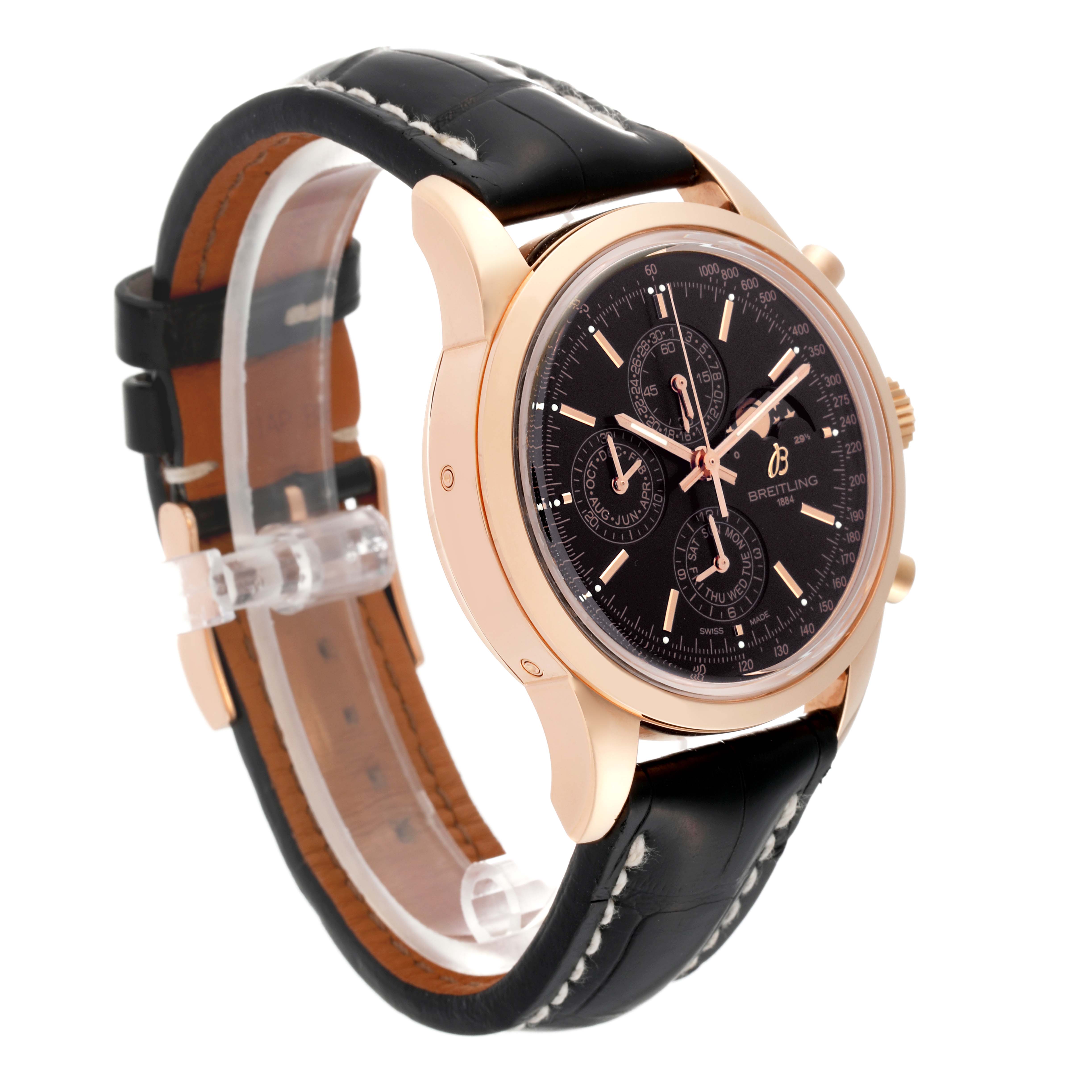 The image shows a side angle of the Breitling Transocean R19310 Men's Rose Gold Black Dial R19310 Men's Rose Gold Black Dial watch with a black leather strap and a rose gold case.