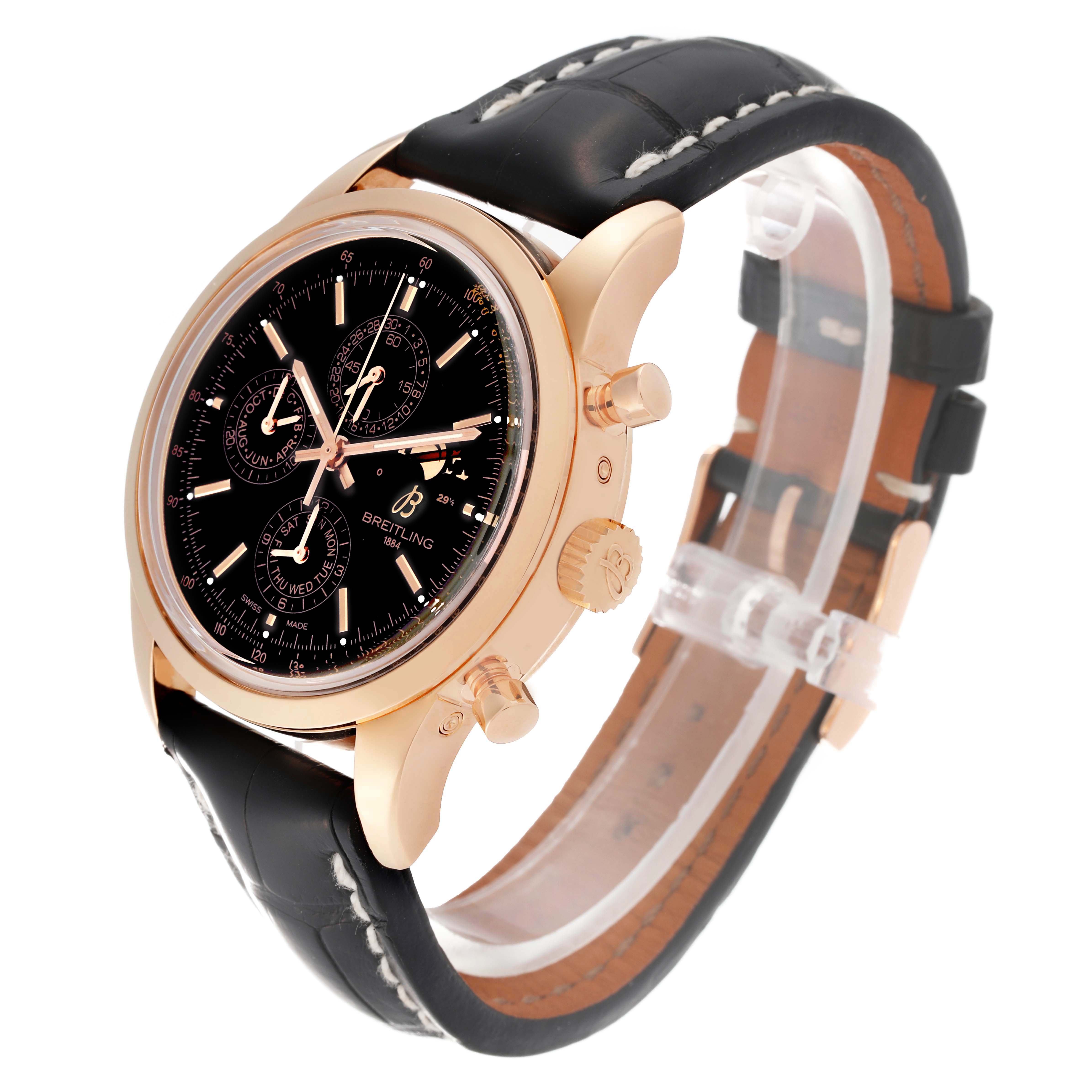 The Breitling Transocean R19310 Men's Rose Gold Black Dial watch is shown at a slight angle, highlighting its black dial, rose gold case, and leather strap.