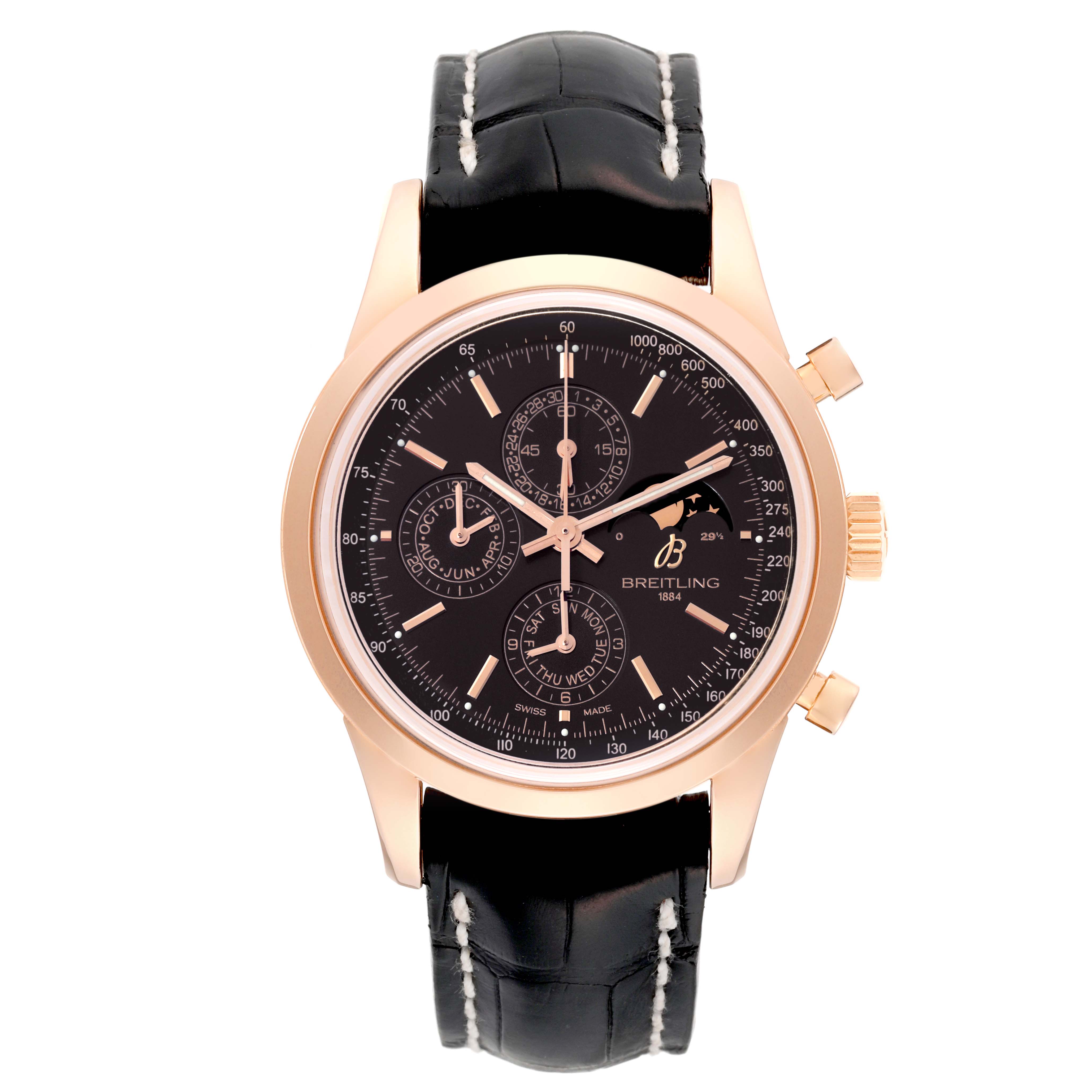 The Breitling Transocean R19310 Men's Rose Gold Black Dial R19310 Men's Rose Gold Black Dial watch is shown from a top-down angle, displaying its black dial and leather strap.
