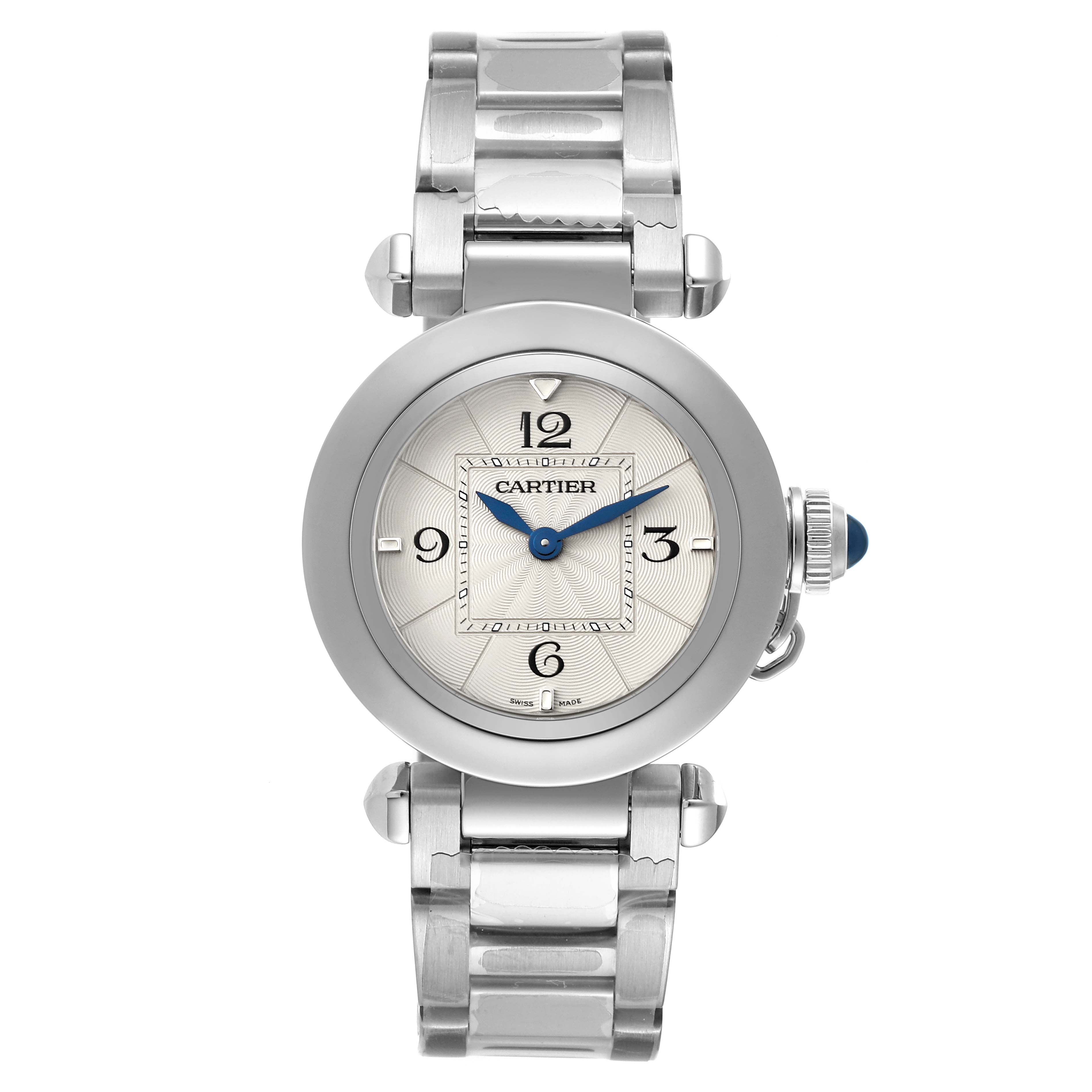 The image shows a front view of the Cartier Pasha WSPA0021 Women's Stainless Steel Silver Dial WSPA0021 Women's Stainless Steel Silver Dial model watch, highlighting the face, bezel, and stainless steel bracelet.