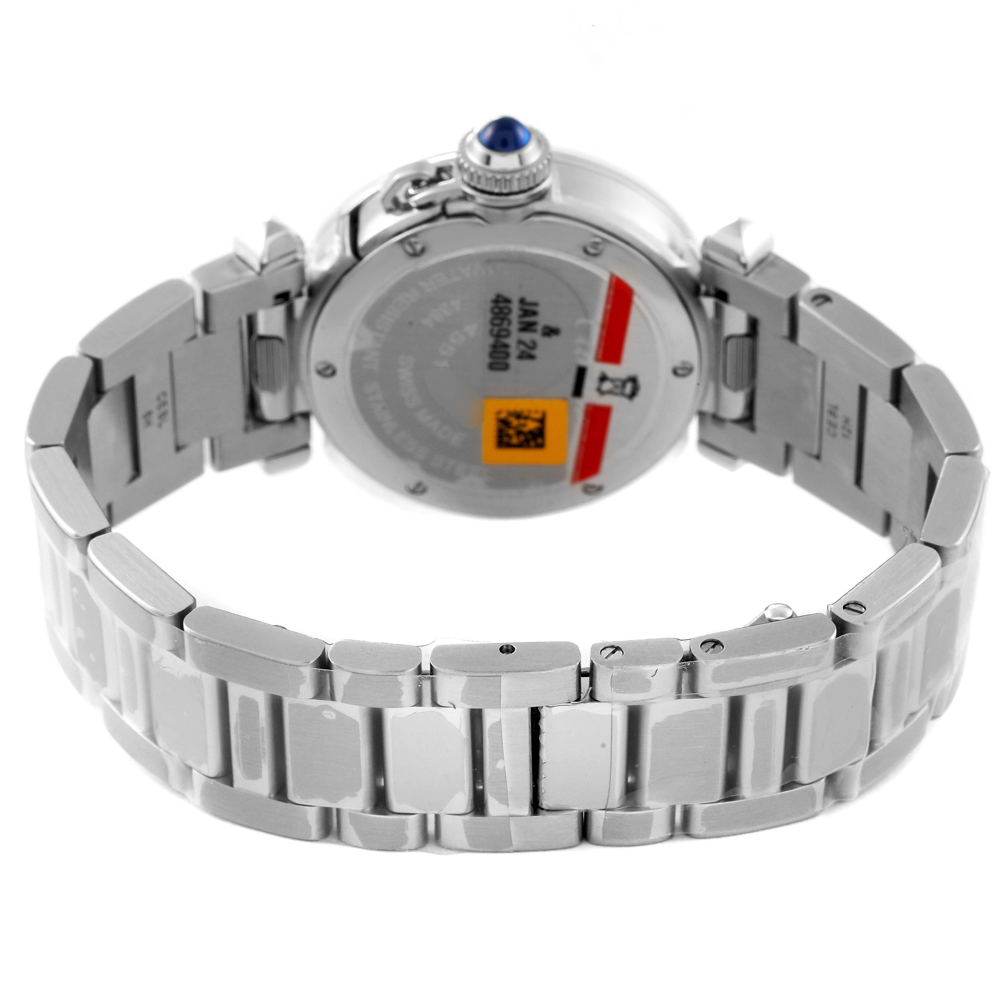 The image displays the back and bracelet of a Cartier Pasha WSPA0021 Women's Stainless Steel Silver Dial WSPA0021 Women's Stainless Steel Silver Dial model watch, highlighting its clasp and case back details.