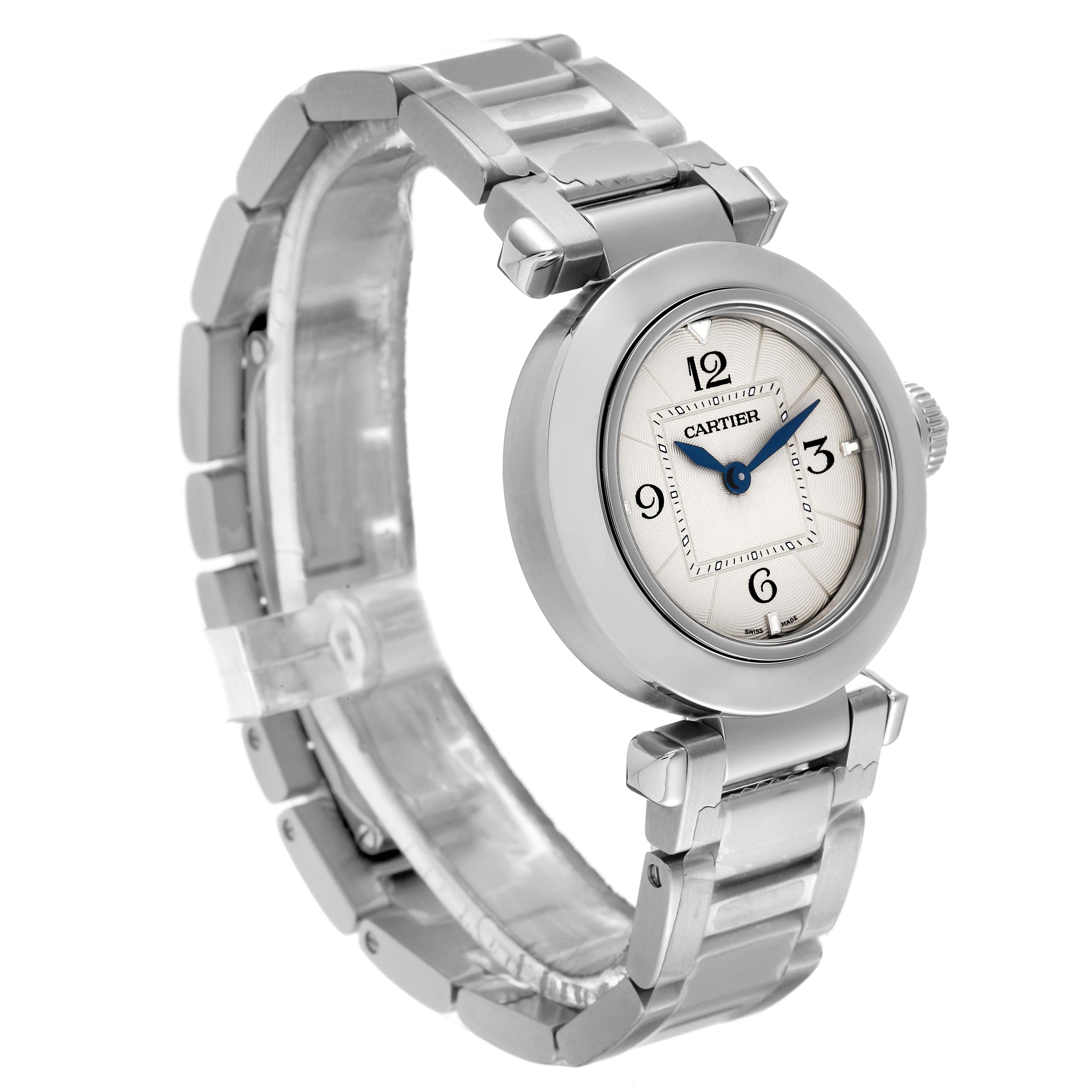 The image shows a Cartier Pasha WSPA0021 Women's Stainless Steel Silver Dial WSPA0021 Women's Stainless Steel Silver Dial watch at a three-quarter angle, displaying its face, case, and bracelet.