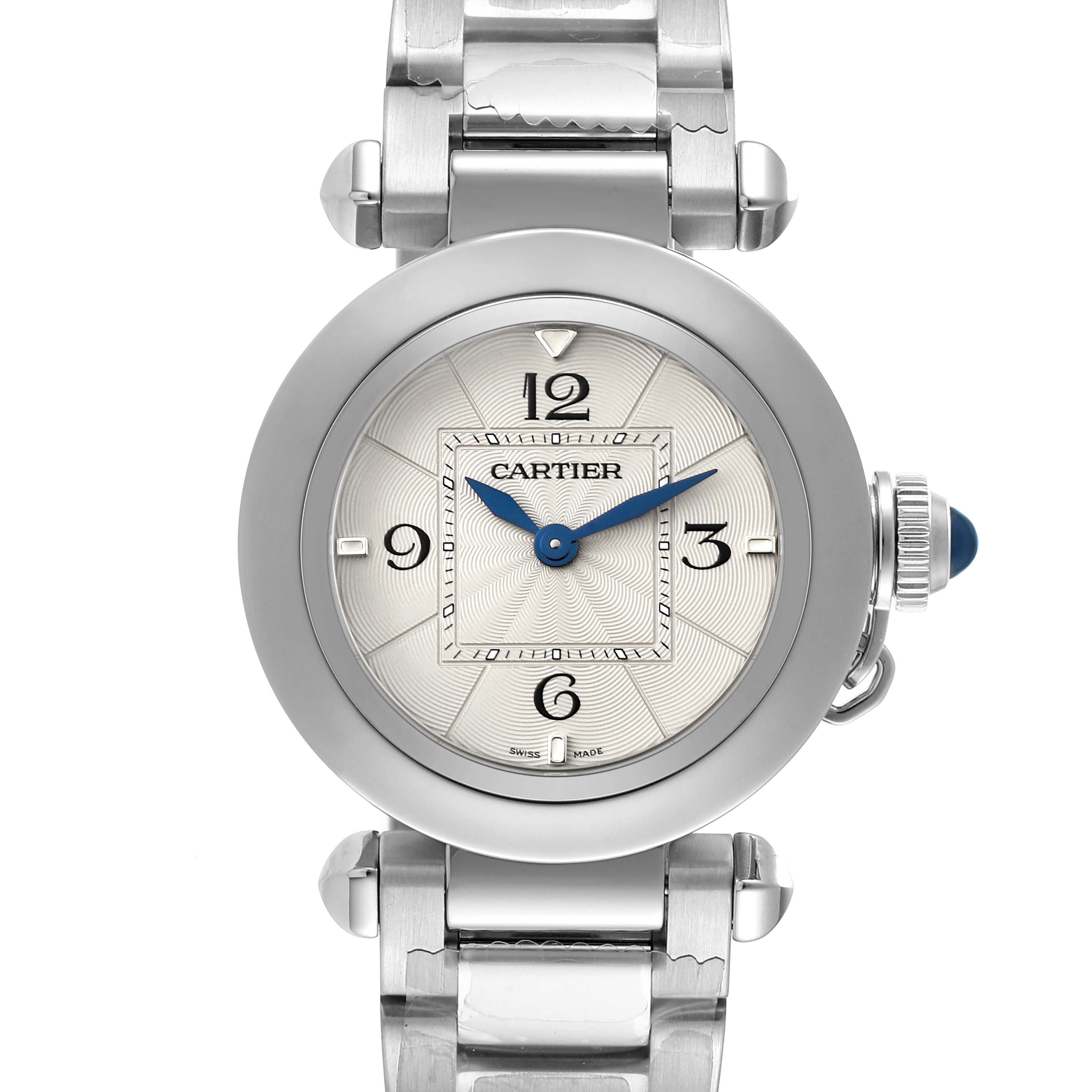 This is a head-on view of the Cartier Pasha WSPA0021 Women's Stainless Steel Silver Dial WSPA0021 Women's Stainless Steel Silver Dial watch, showcasing its face, bezel, and part of the bracelet.