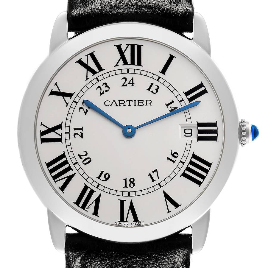 The Cartier Ronde watch is shown at a front angle, highlighting its dial, Roman numerals, and leather strap.