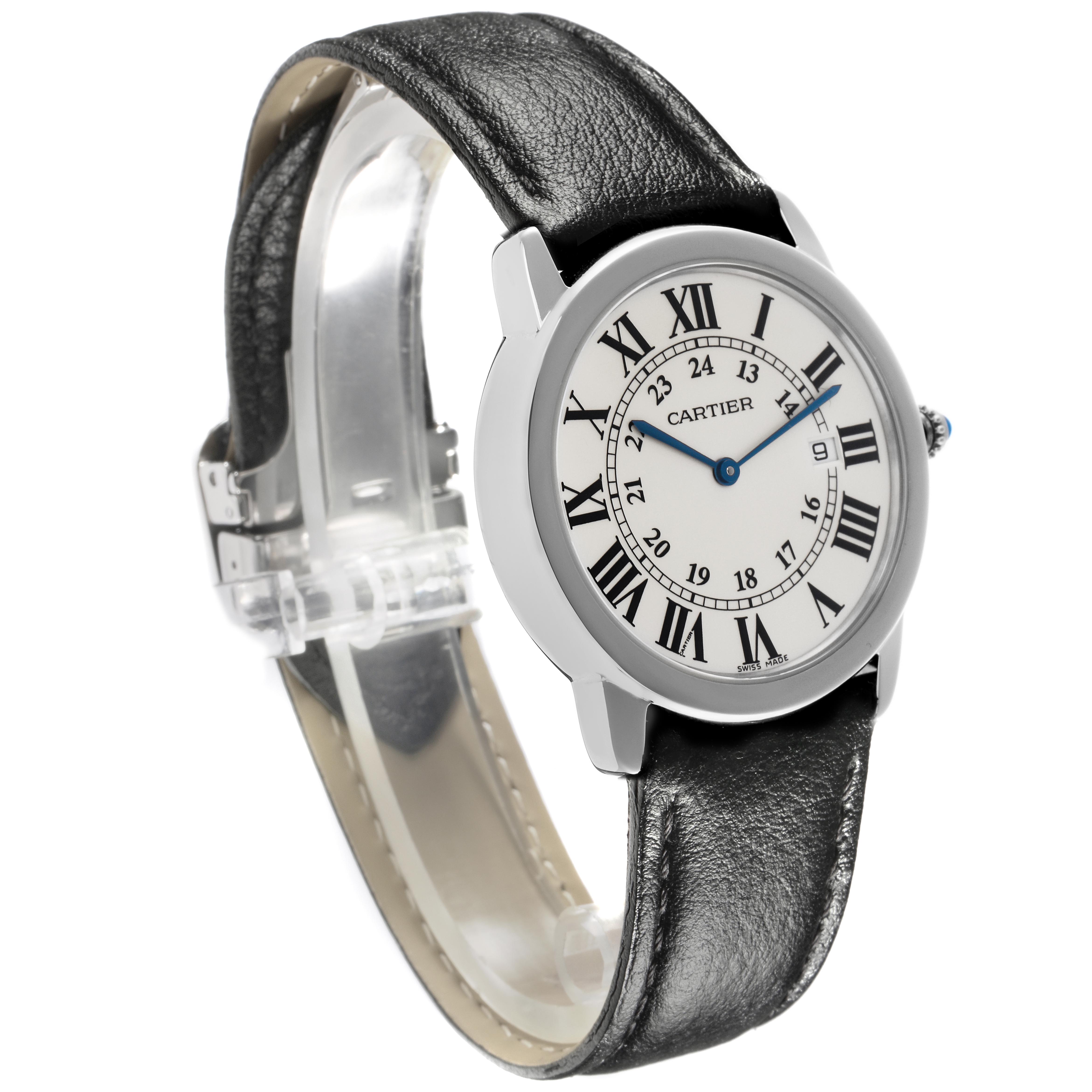 The Cartier Ronde W6700255 Men's Stainless Steel Silver Dial W6700255 Men's Stainless Steel Silver Dial watch is shown at a three-quarter angle, highlighting the face, Roman numerals, hands, and leather strap.