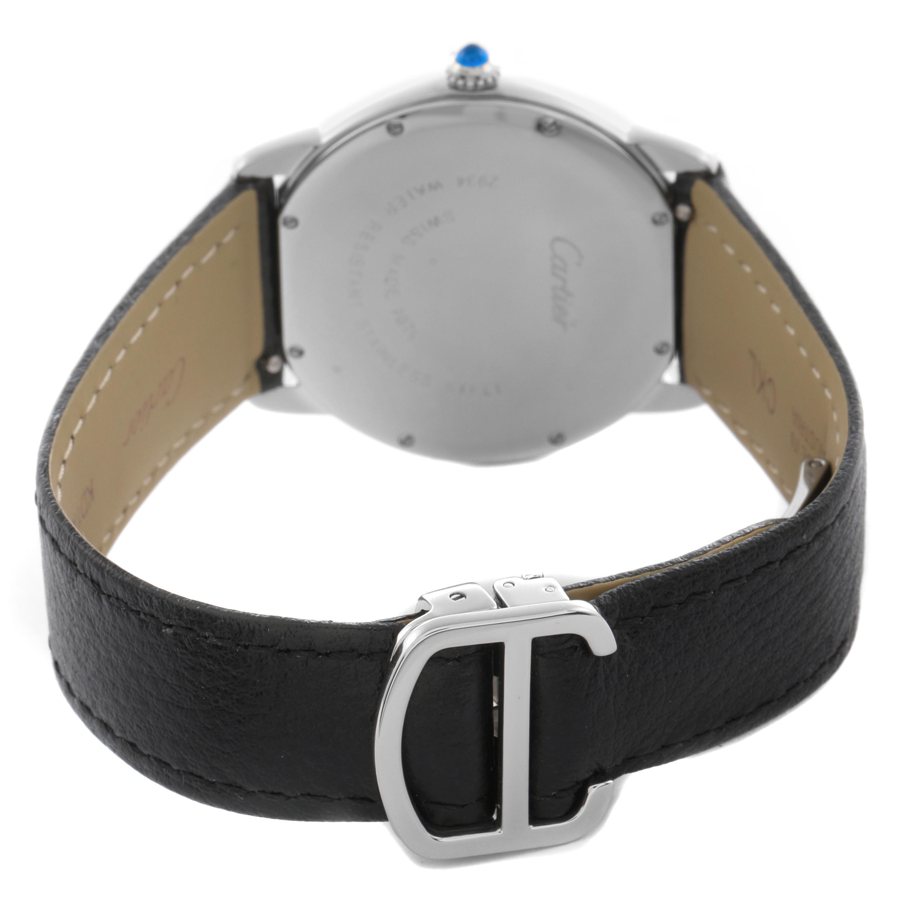 The Cartier Ronde W6700255 Men's Stainless Steel Silver Dial W6700255 Men's Stainless Steel Silver Dial watch is shown from the back, highlighting the case back, leather strap, and the clasp.