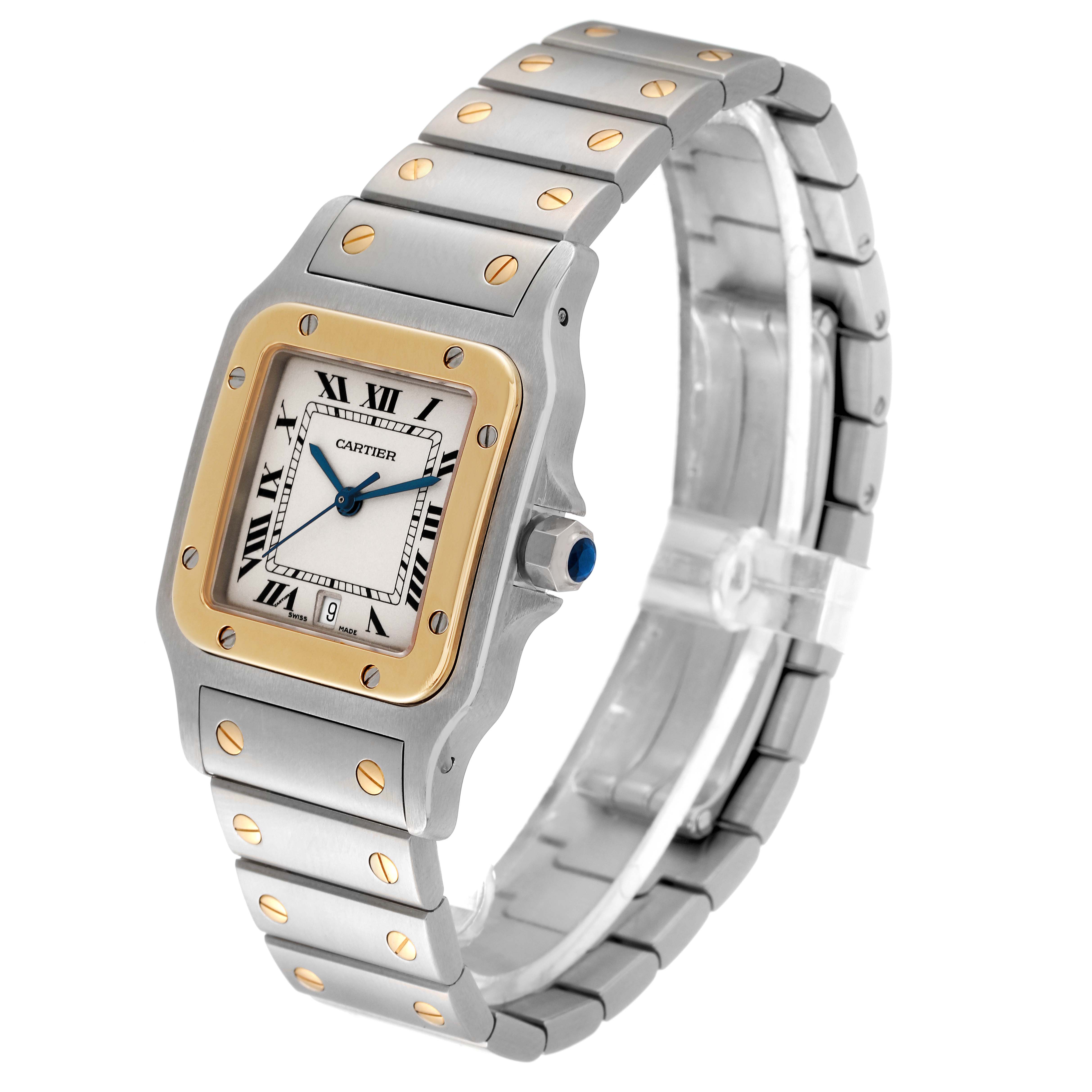 The image shows a Cartier Santos W20011C4 Men
s Steel and Gold (two tone) Silver Dial W20011C4 Men
s Steel and Gold (two tone) Silver Dial watch at a three-quarter angle, highlighting its face, bezel, and bracelet.