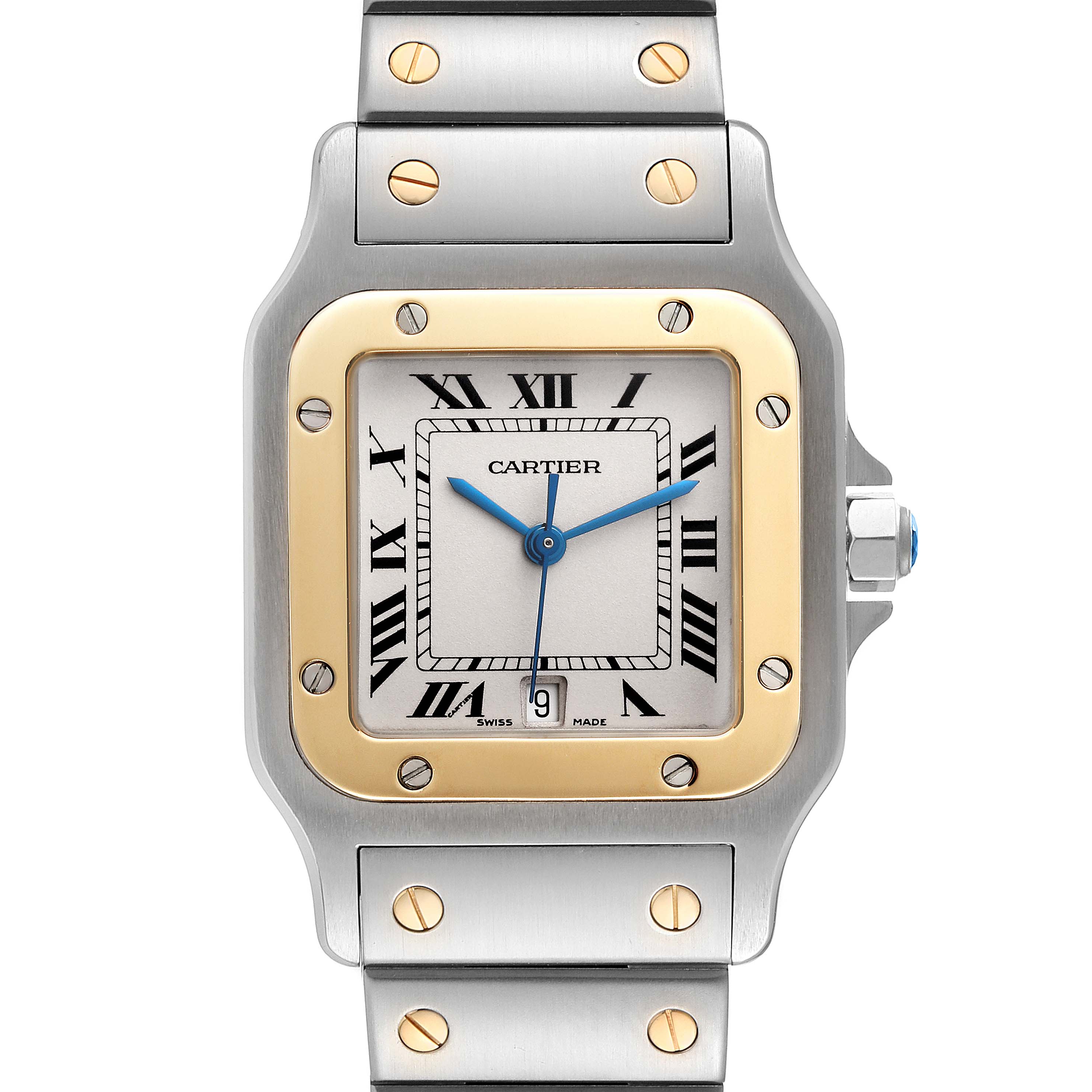 This is a front-facing view of the Cartier Santos W20011C4 Men
s Steel and Gold (two tone) Silver Dial W20011C4 Men
s Steel and Gold (two tone) Silver Dial watch, showing its square face, bezel, and part of its bracelet with visible screws.