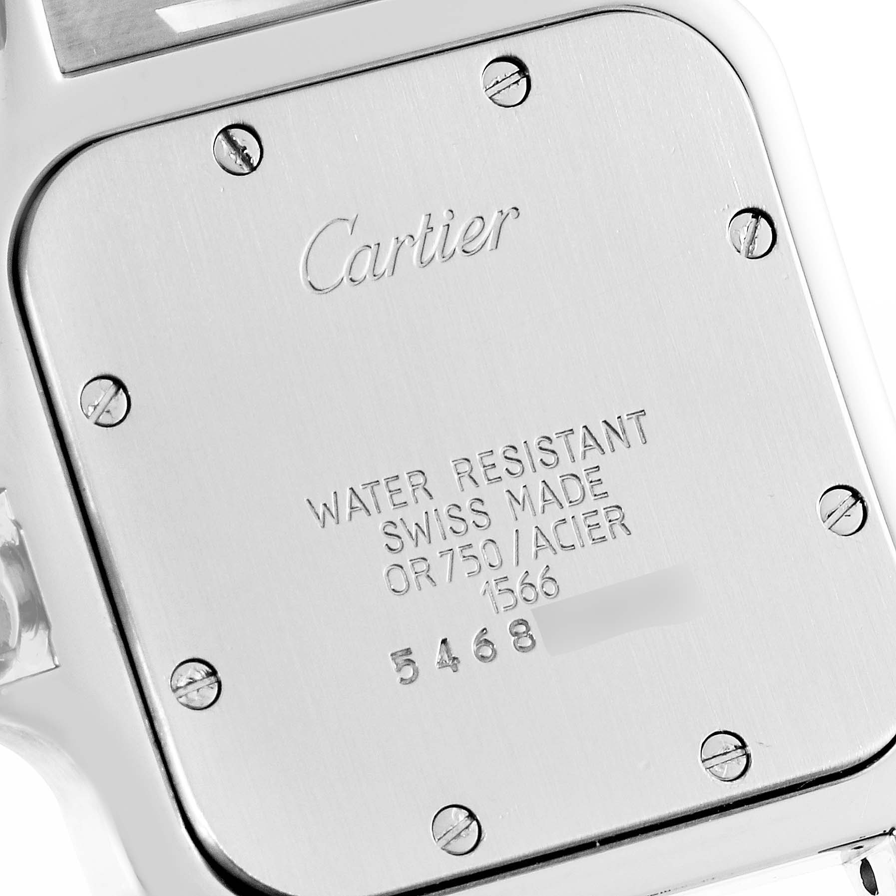 This image shows the back case of a Cartier Santos W20011C4 Men
s Steel and Gold (two tone) Silver Dial W20011C4 Men
s Steel and Gold (two tone) Silver Dial watch, featuring engravings and screws.
