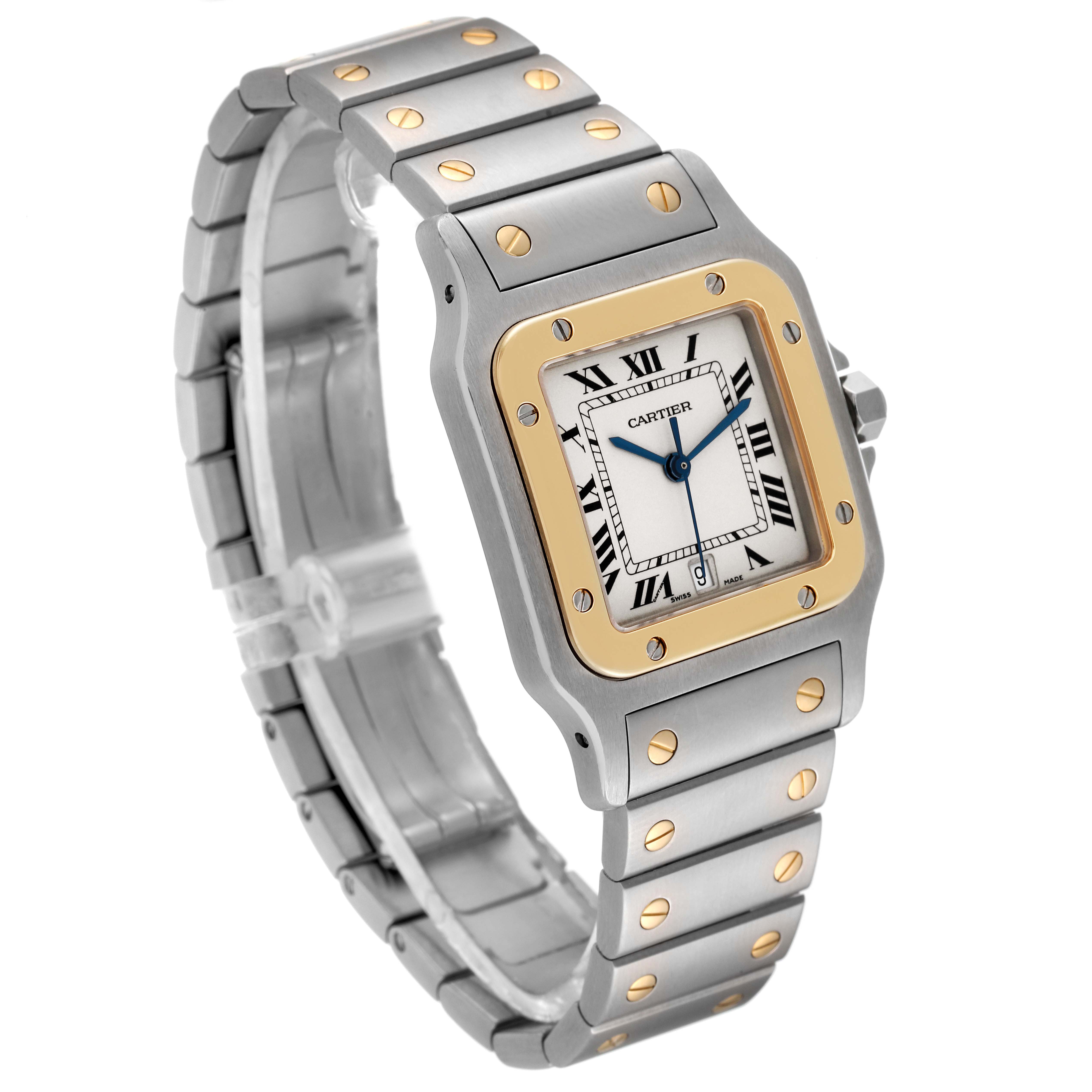 The Cartier Santos W20011C4 Men
s Steel and Gold (two tone) Silver Dial W20011C4 Men
s Steel and Gold (two tone) Silver Dial watch is shown at a three-quarter angle, displaying its face, bracelet, and distinctive two-tone design.