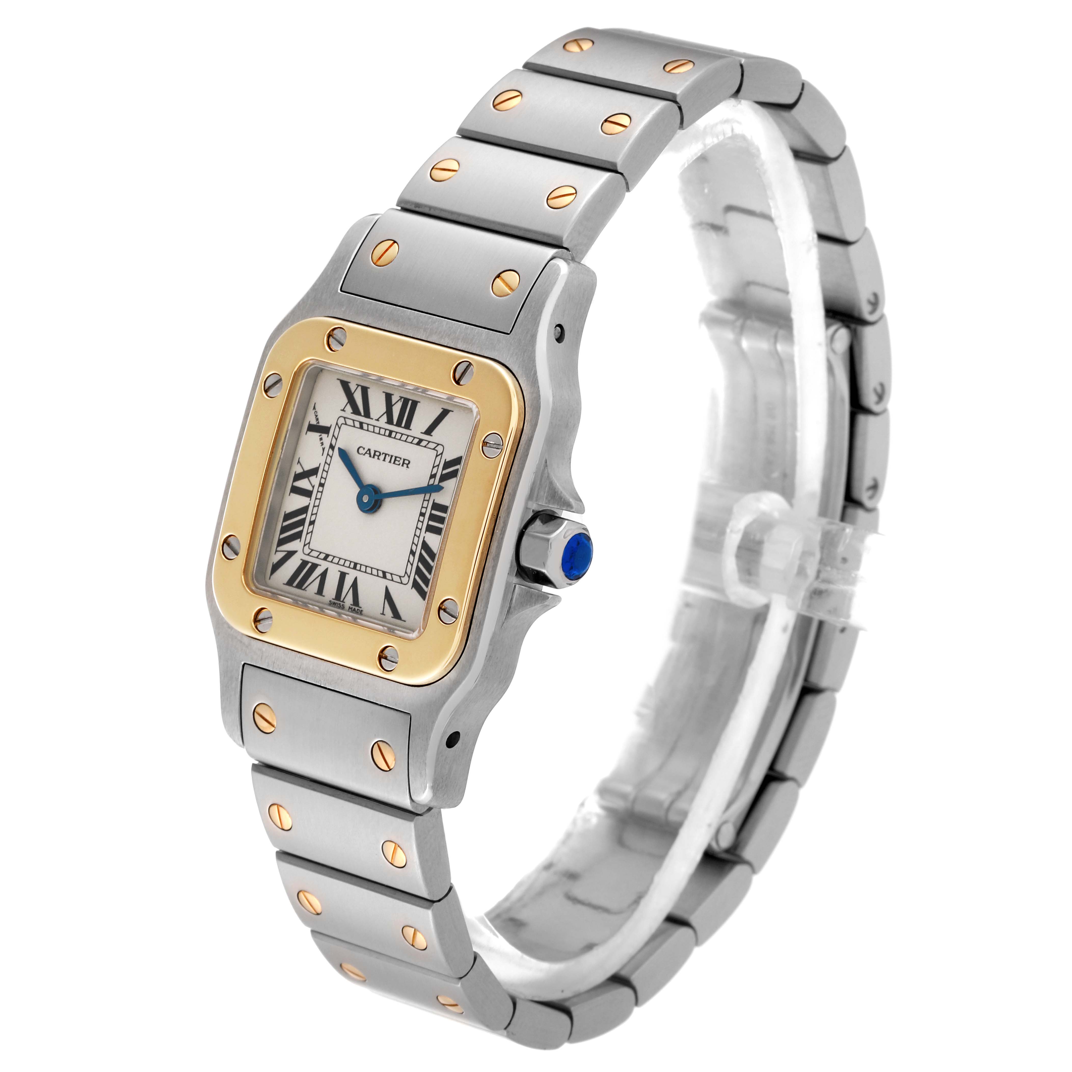 This image shows a Santos model watch by Cartier, viewed at a 3/4 angle, highlighting its face, bezel, and bracelet.