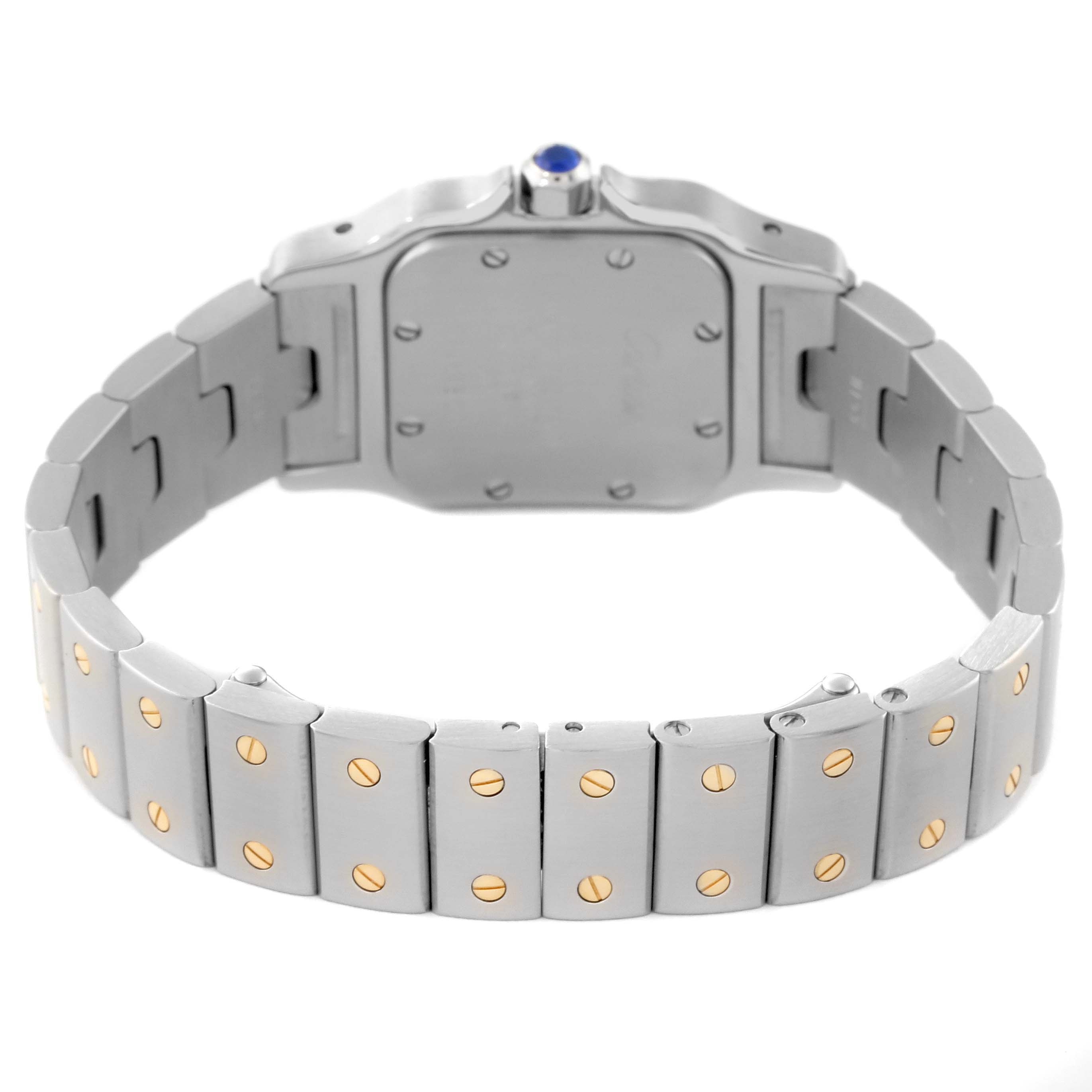 This image shows the back and bracelet of the Santos model by Cartier.