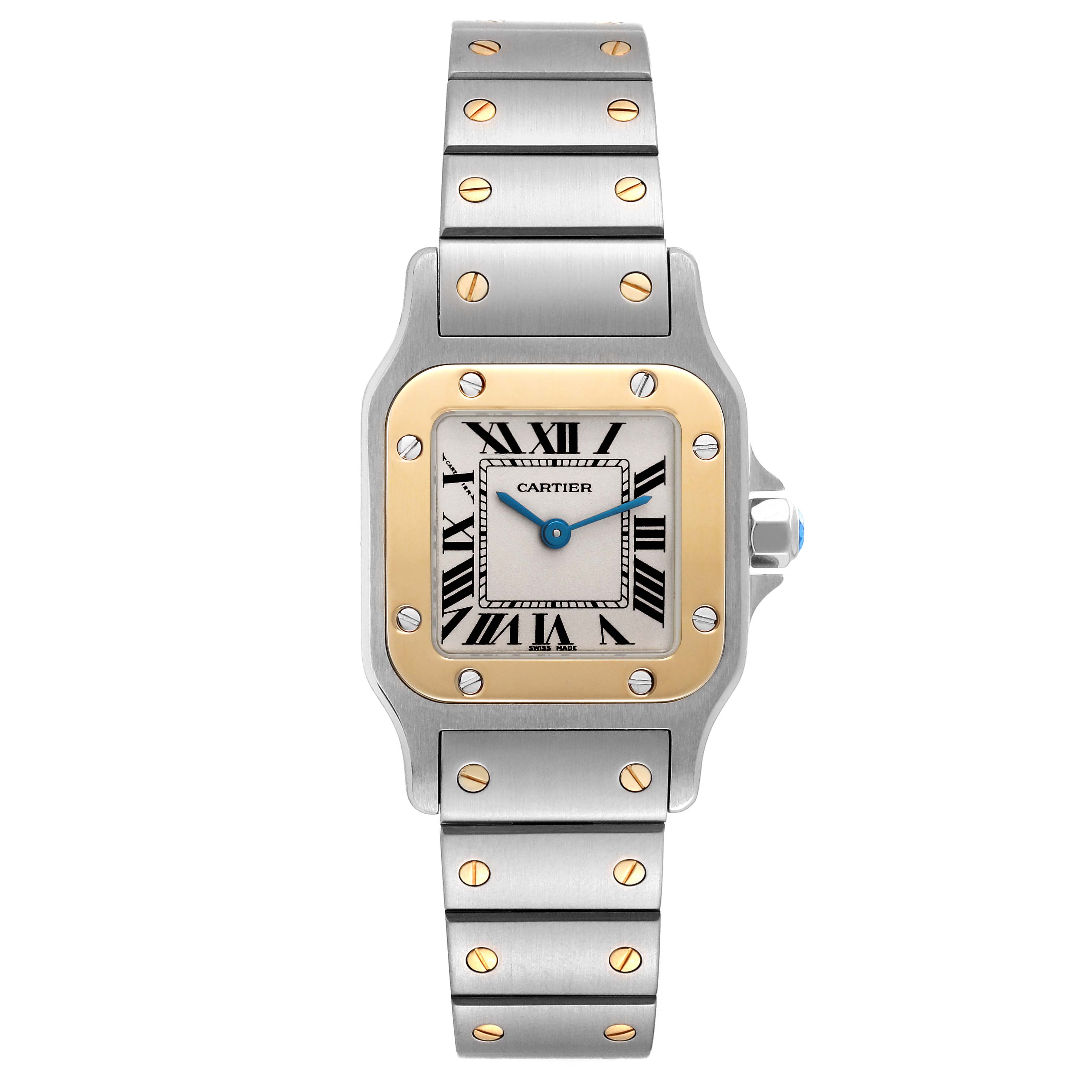 The image shows a Cartier Santos W20012C4 Women's Stainless Steel Silver Dial W20012C4 Women's Stainless Steel Silver Dial watch from the front, displaying the square dial, metal bracelet, and gold bezel.