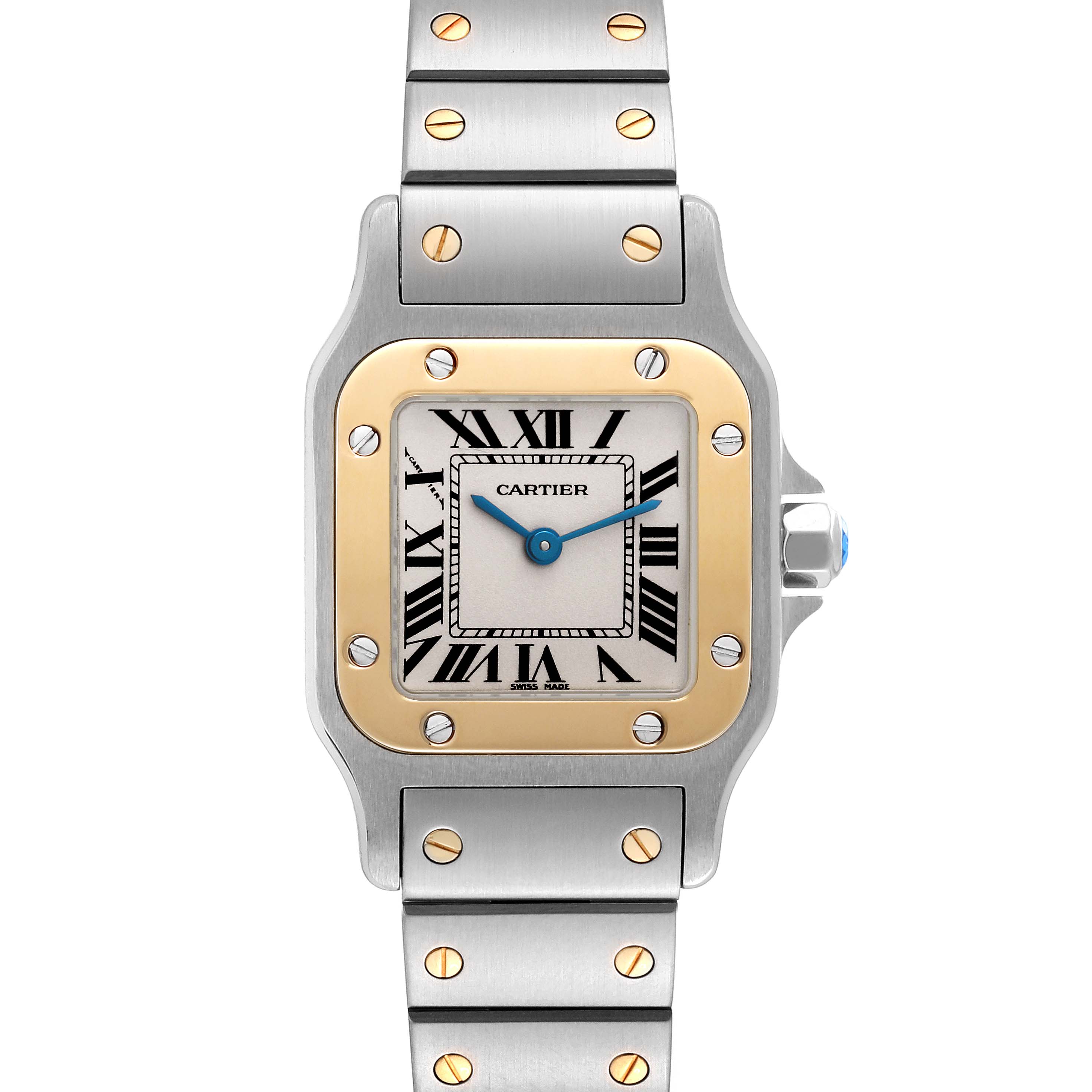 The image shows a front view of the Cartier Santos W20012C4 Women's Stainless Steel Silver Dial W20012C4 Women's Stainless Steel Silver Dial watch, highlighting its face, bezel, and bracelet.