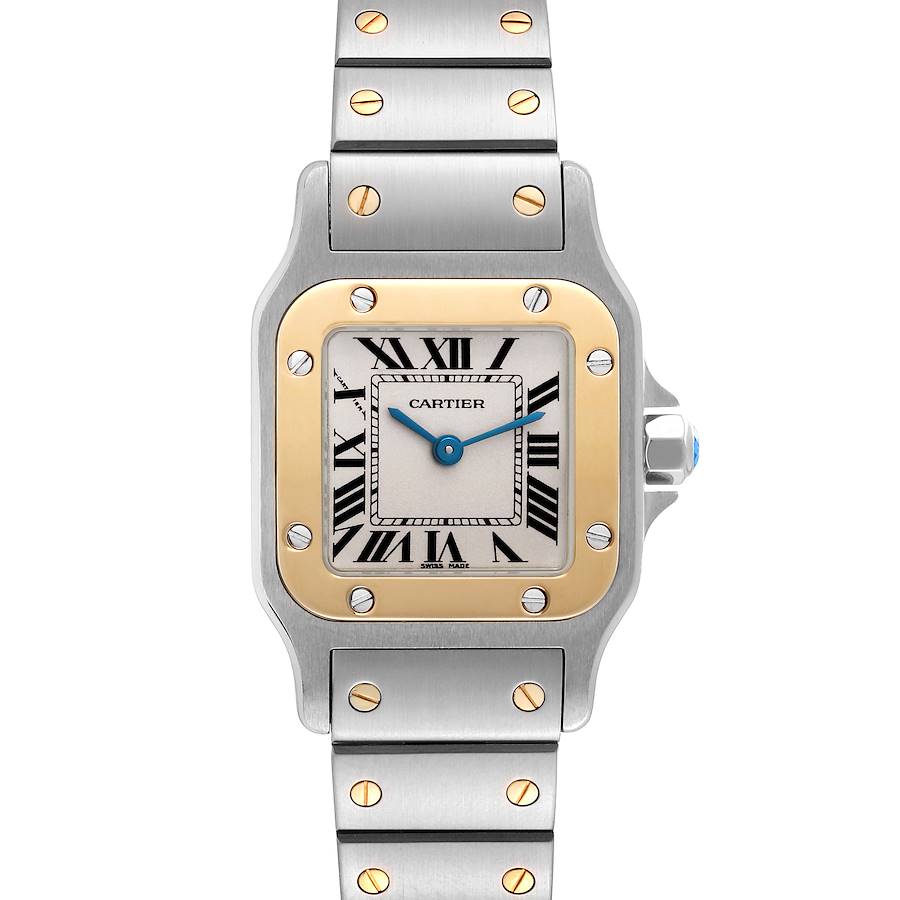 The image shows a front view of the Cartier Santos watch, highlighting its face, bezel, and bracelet.
