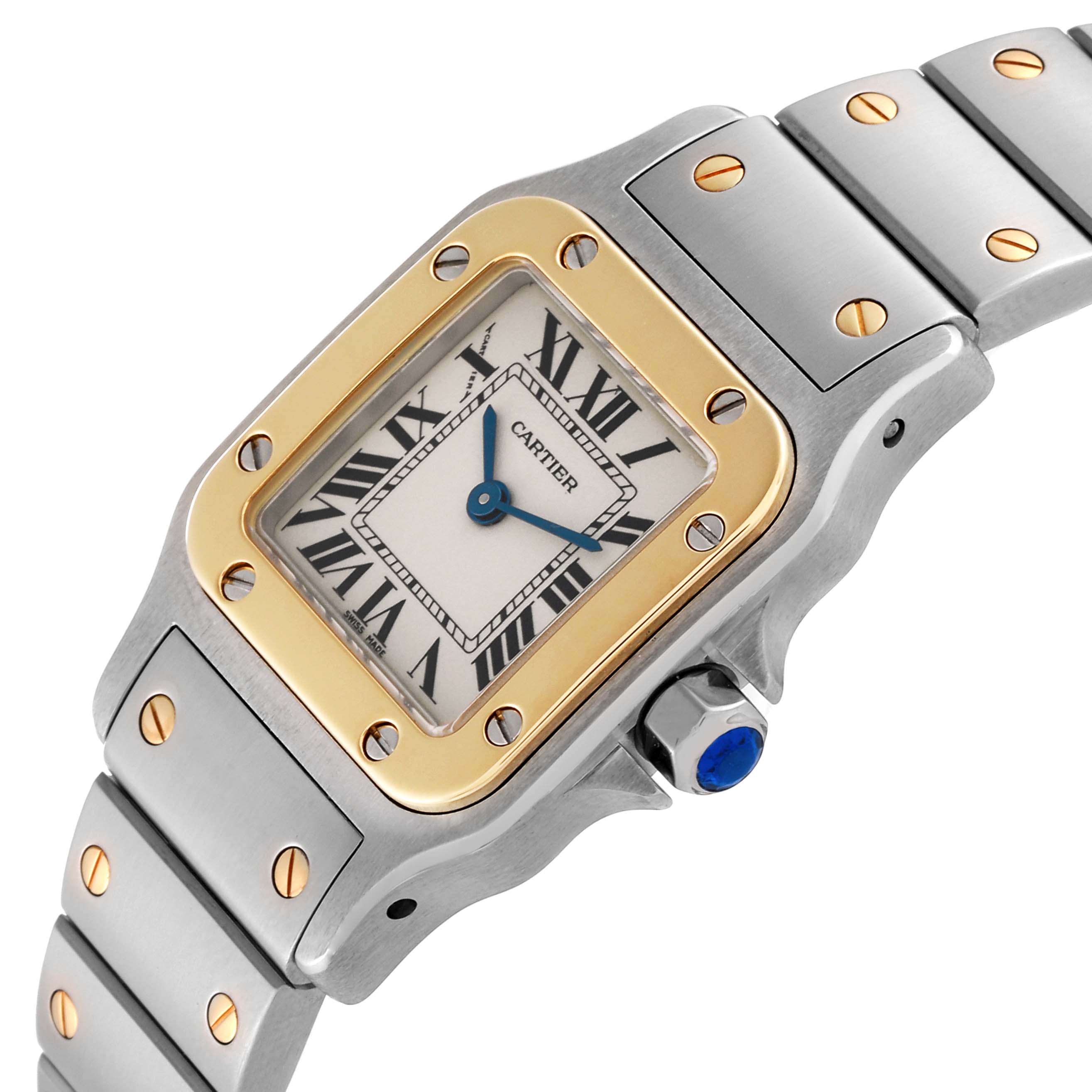 The image shows a close-up of the dial, bezel, and part of the bracelet of a Santos model by Cartier.