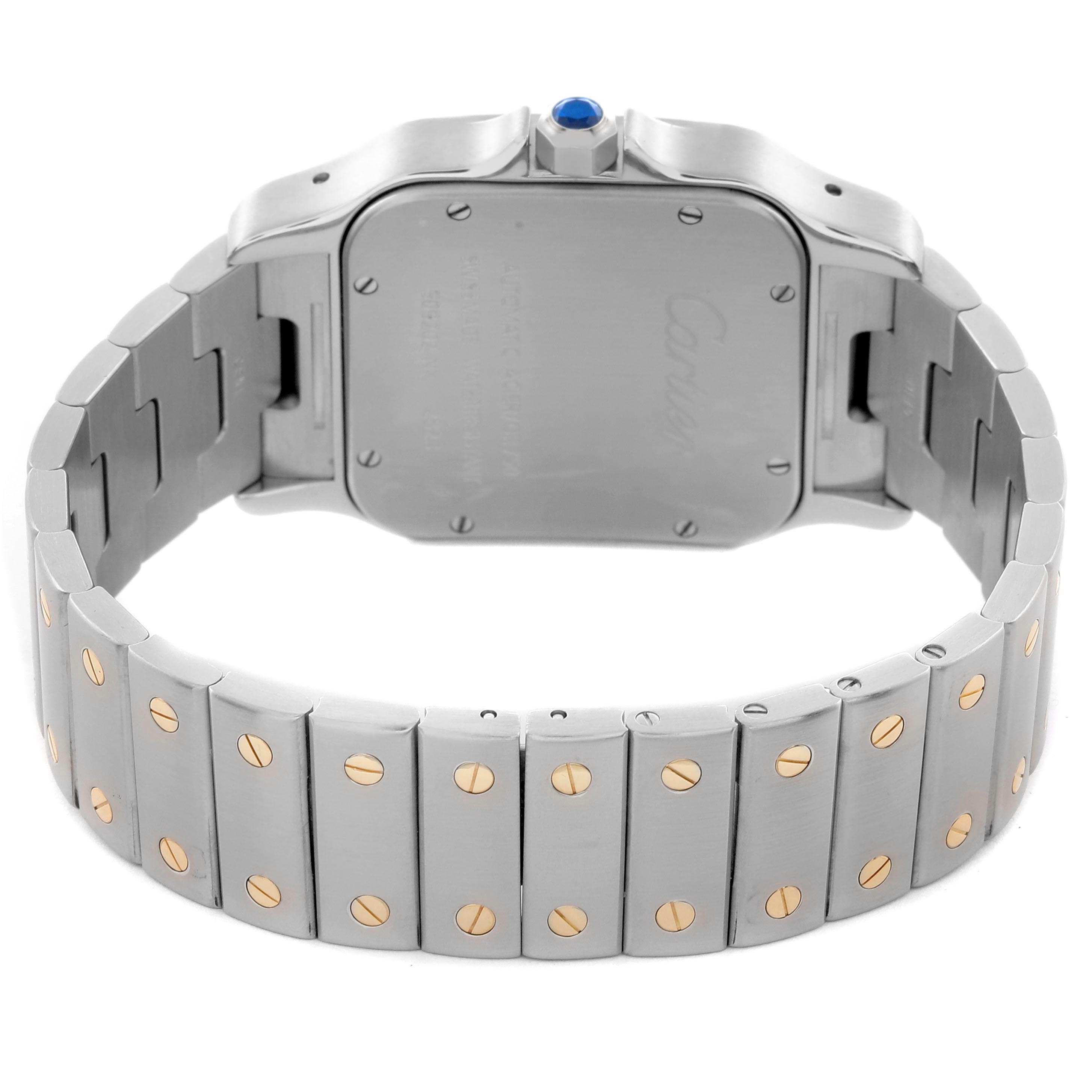 The image shows the back of the Cartier Santos W20099C4 Men
s Steel and Gold (two tone) Silver Dial W20099C4 Men
s Steel and Gold (two tone) Silver Dial watch, highlighting the bracelet and clasp with its two-tone screws.