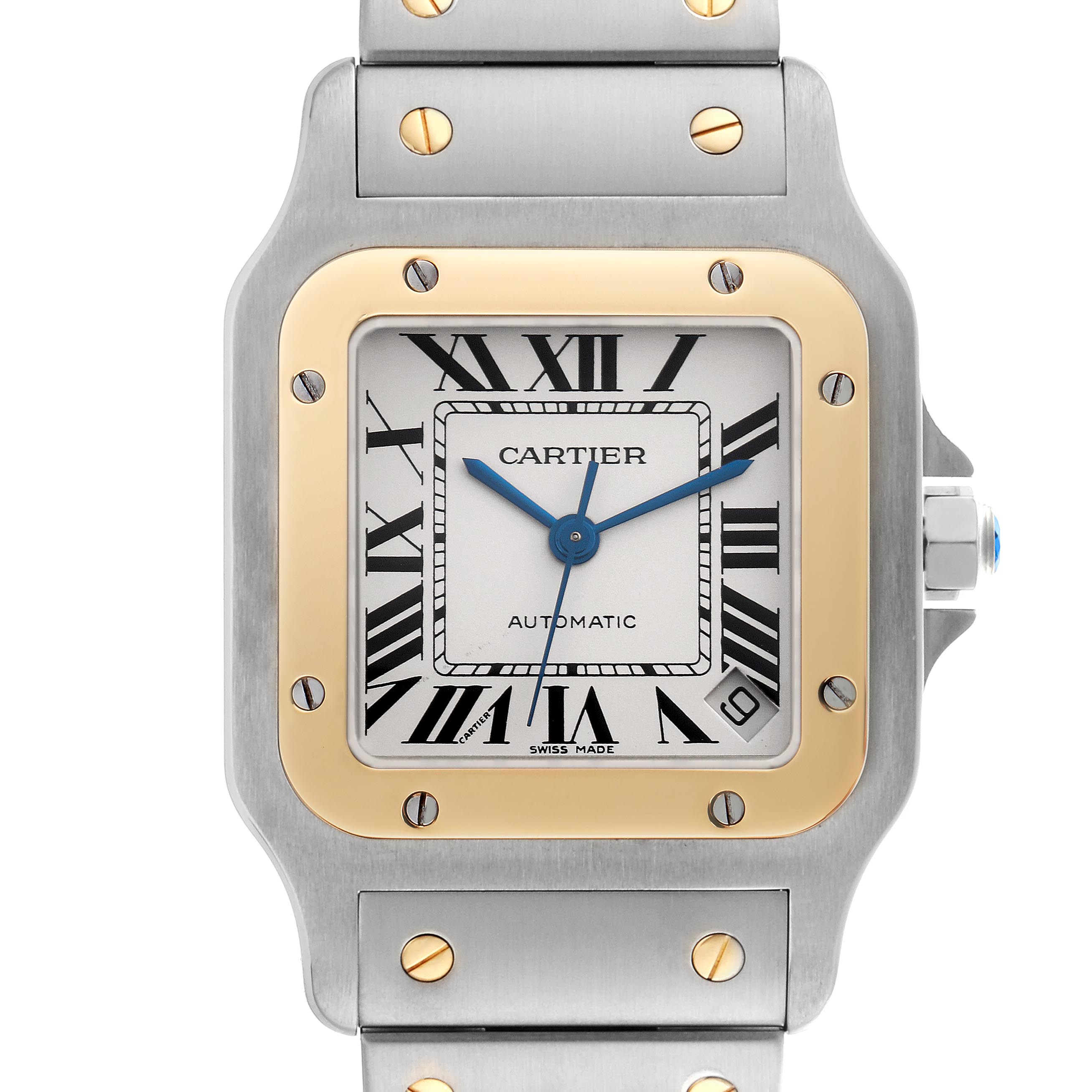 The image shows a close-up of the Cartier Santos W20099C4 Men
s Steel and Gold (two tone) Silver Dial W20099C4 Men
s Steel and Gold (two tone) Silver Dial watch face, bezel, and part of the bracelet.