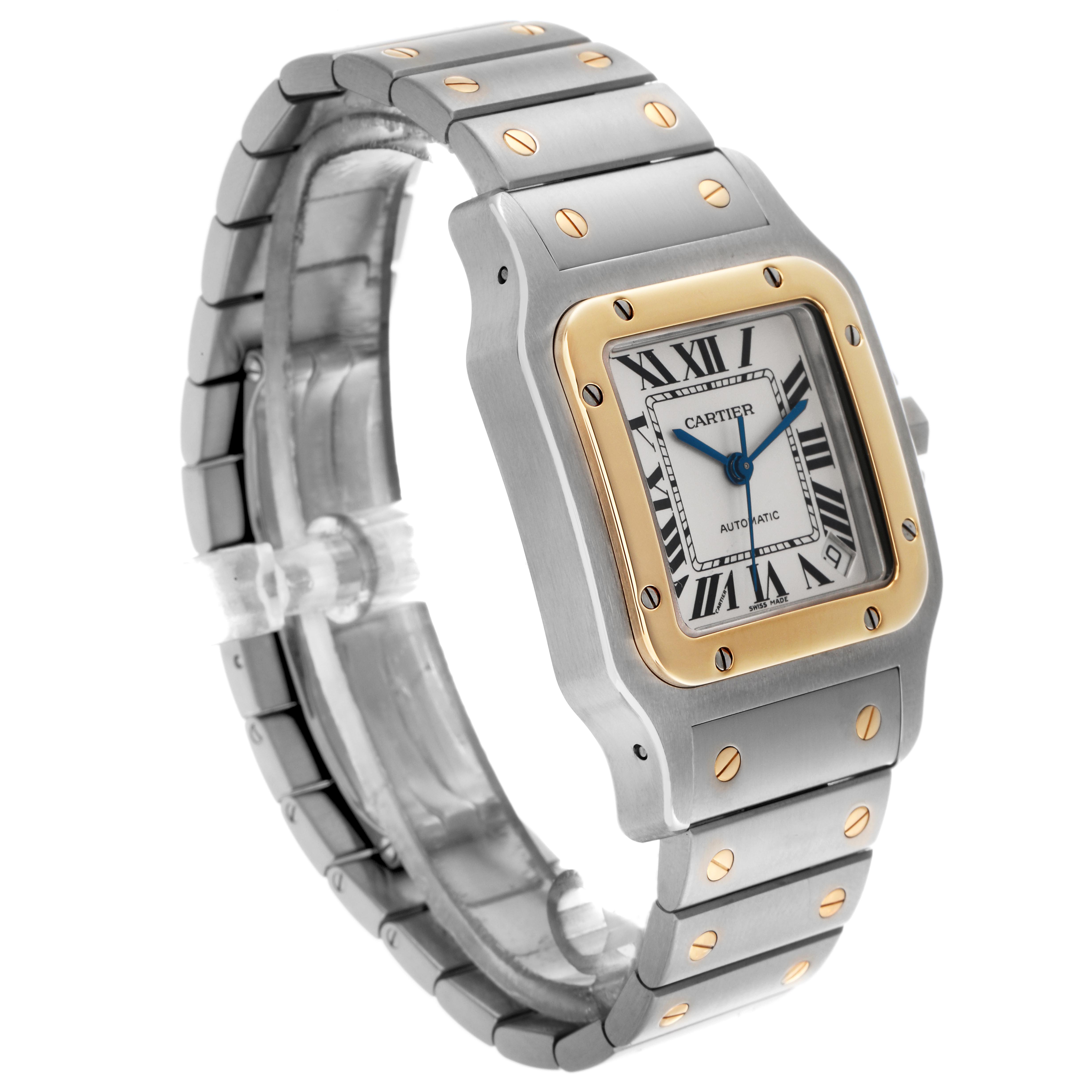 The Cartier Santos W20099C4 Men
s Steel and Gold (two tone) Silver Dial W20099C4 Men
s Steel and Gold (two tone) Silver Dial watch is shown at a three-quarter angle featuring its face, bezel, and bracelet.