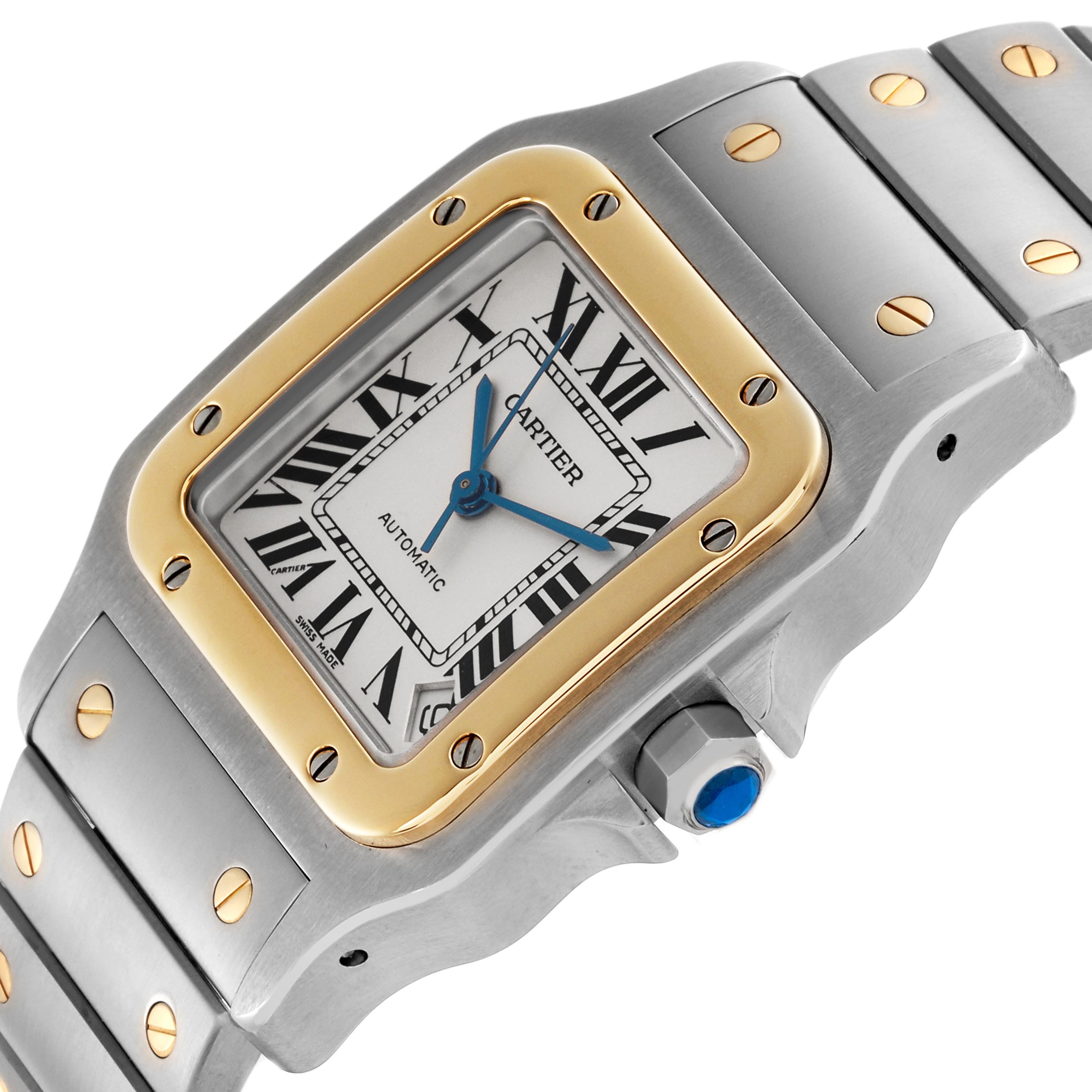 The Cartier Santos W20099C4 Men
s Steel and Gold (two tone) Silver Dial W20099C4 Men
s Steel and Gold (two tone) Silver Dial watch is shown from a side angle, highlighting the dial, bezel, and bracelet with its visible screws.