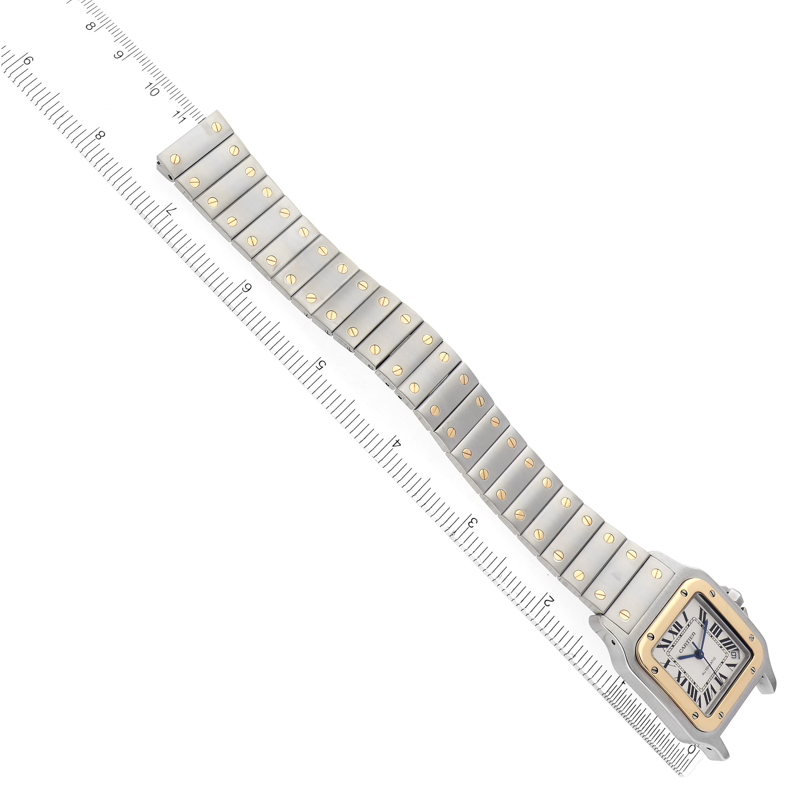 The Cartier Santos W20099C4 Men
s Steel and Gold (two tone) Silver Dial W20099C4 Men
s Steel and Gold (two tone) Silver Dial watch is shown from a top-down angle, highlighting the face and full bracelet.