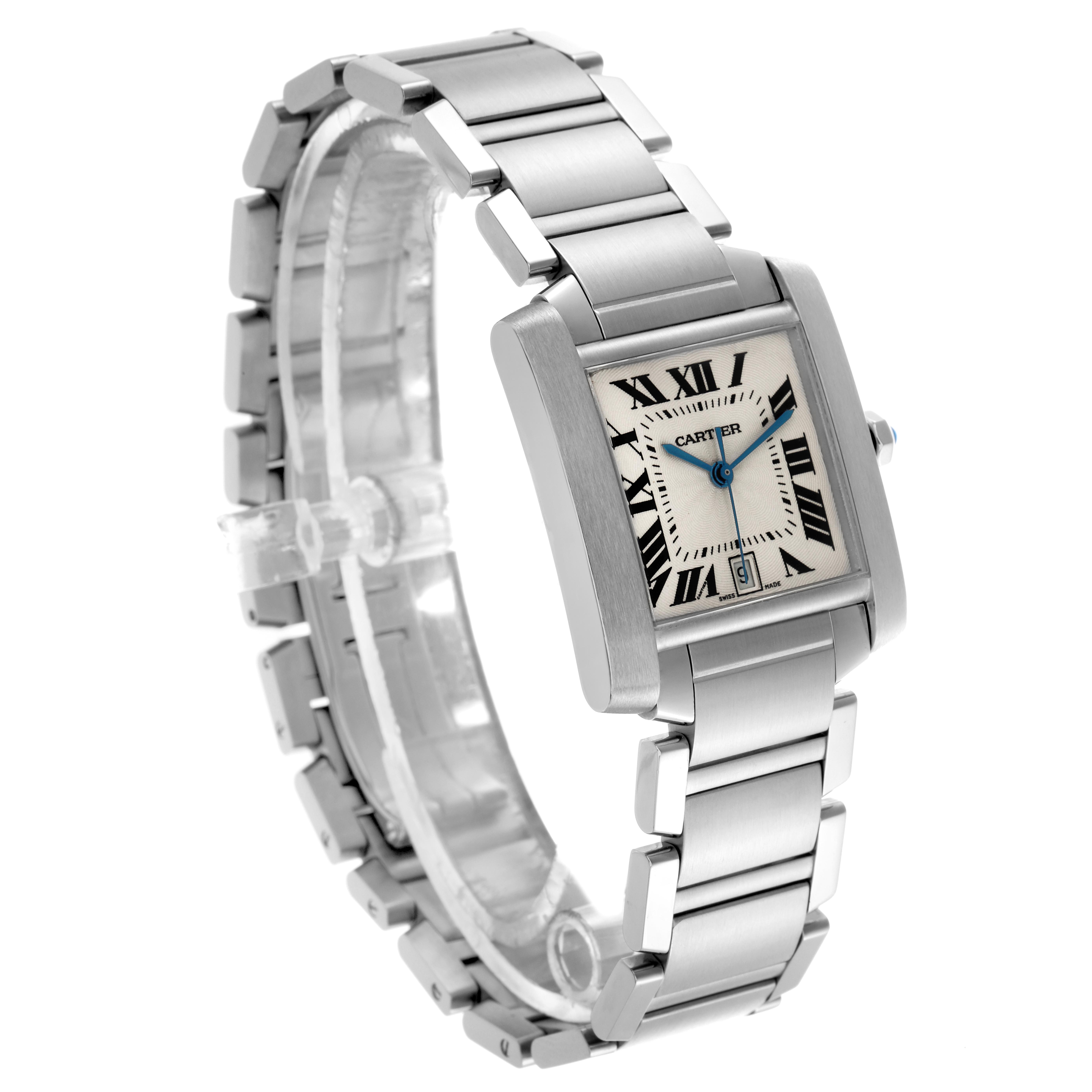 The Cartier Tank Française watch is shown at a slight angle, displaying its stainless steel bracelet and rectangular dial with Roman numerals.