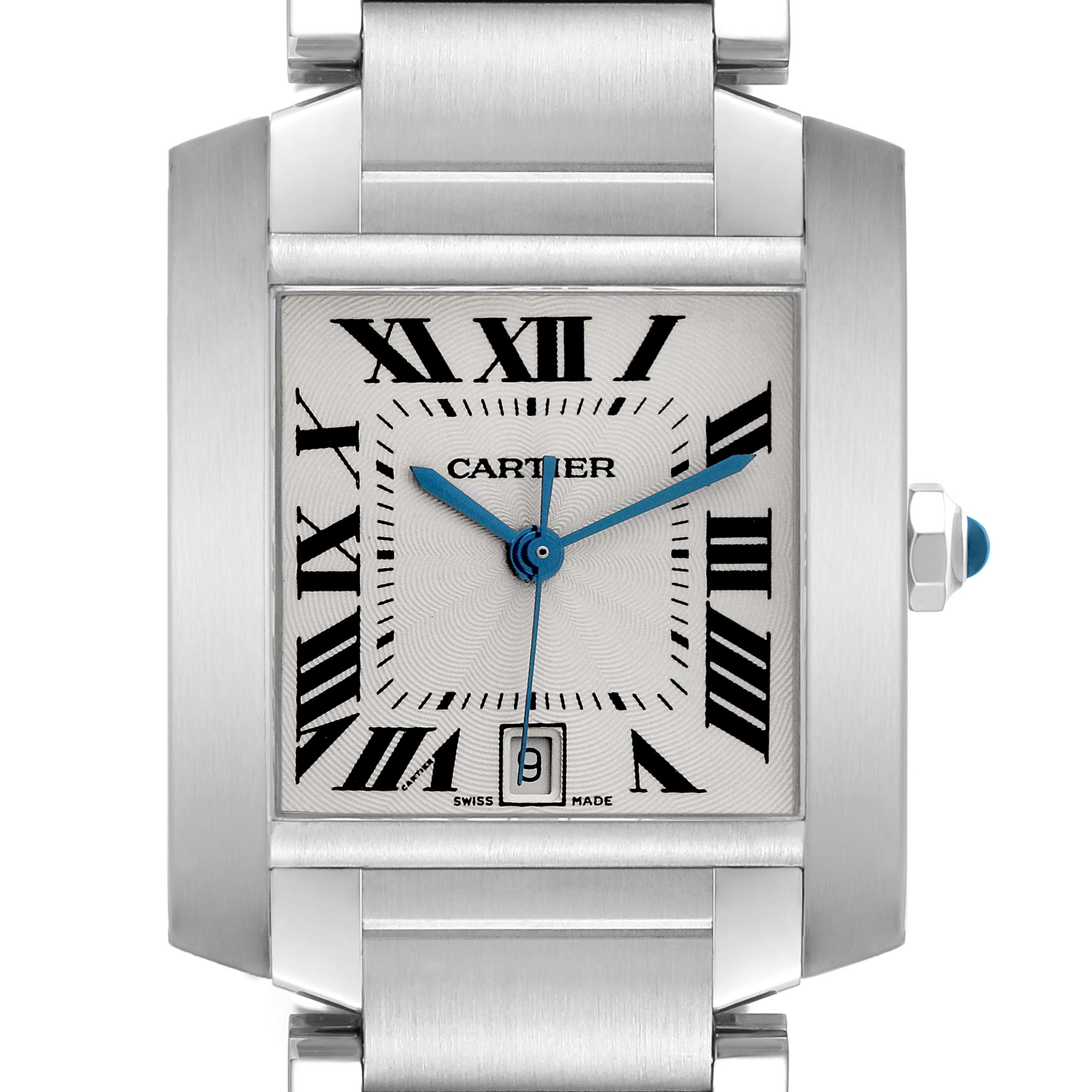 The Cartier Tank Francaise W51002Q3 Men
s Stainless Steel Silver Dial W51002Q3 Men
s Stainless Steel Silver Dial watch is shown from the front, highlighting its face, Roman numerals, and metal bracelet.