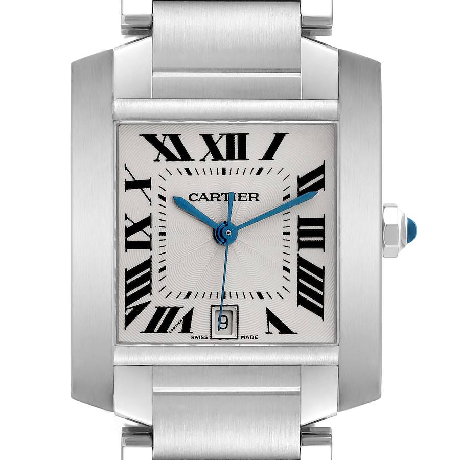 The Cartier Tank Francaise watch is shown from the front, highlighting its face, Roman numerals, and metal bracelet.