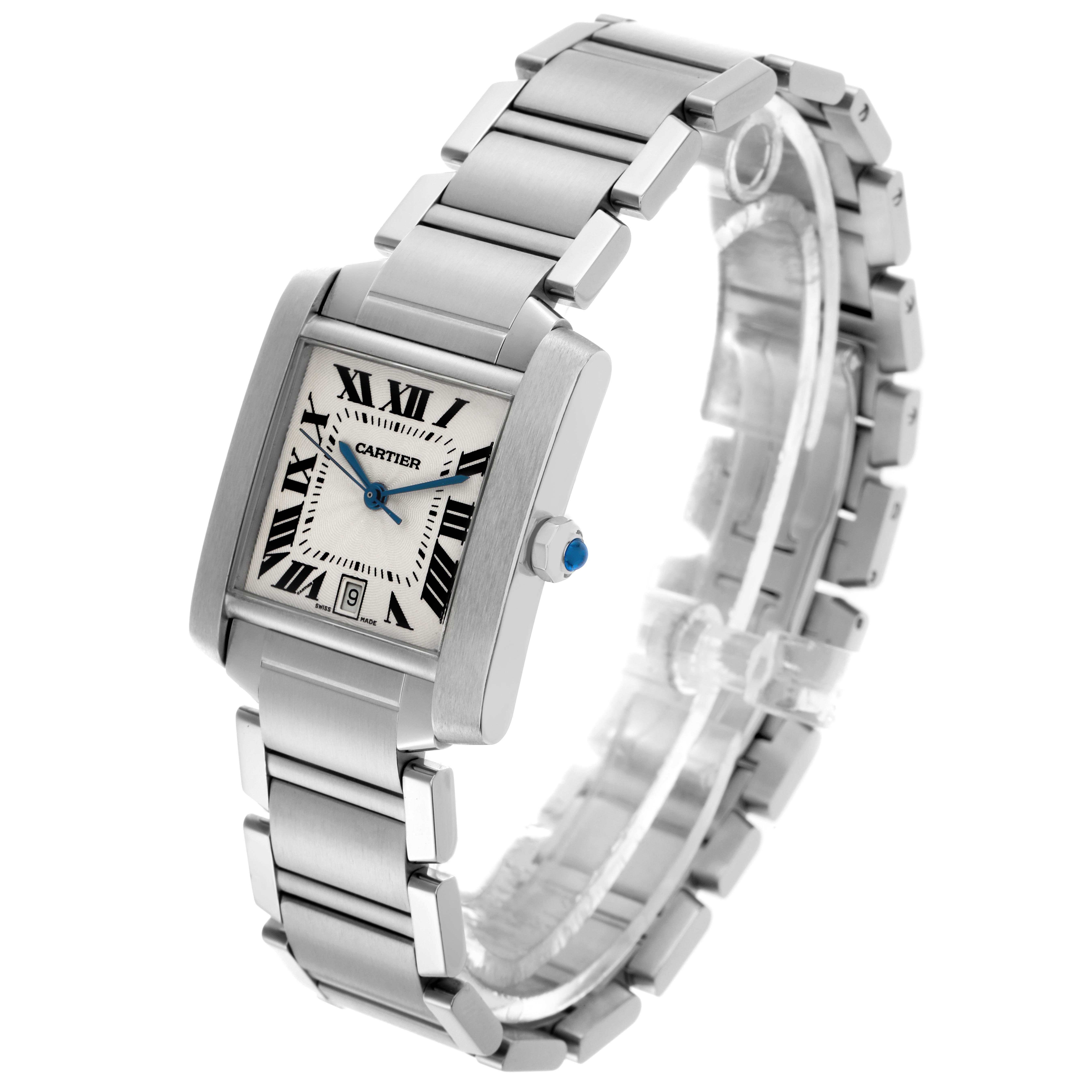 The Cartier Tank Francaise W51002Q3 Men
s Stainless Steel Silver Dial W51002Q3 Men
s Stainless Steel Silver Dial watch is shown from an angled side profile, highlighting the face, bracelet, and crown.