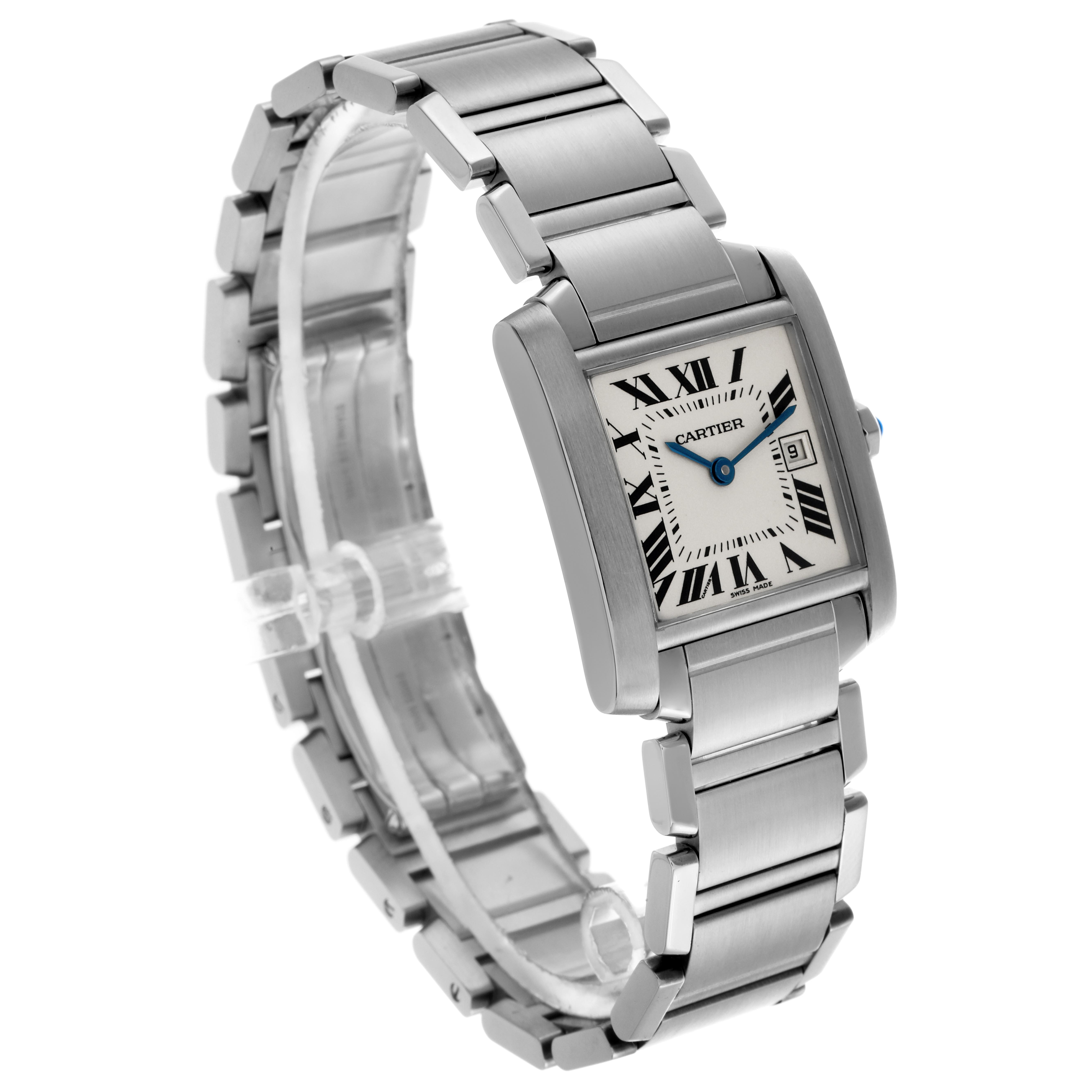 The Cartier Tank Francaise W51011Q3 Women's Stainless Steel Silver Dial W51011Q3 Women's Stainless Steel Silver Dial watch is shown at a three-quarter angle, highlighting the face, bezel, and metal bracelet.