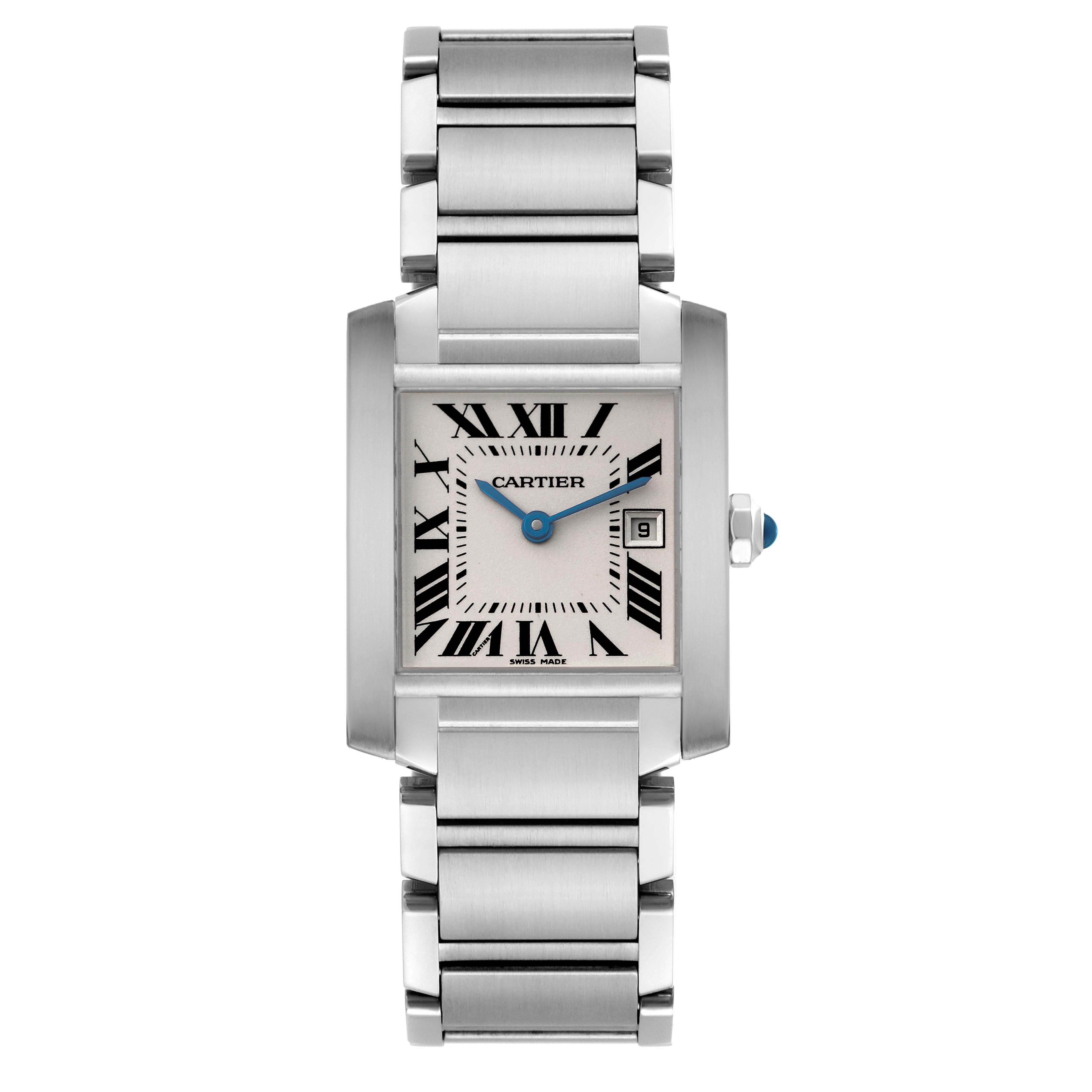 The Cartier Tank Française watch is shown from a front angle, displaying its rectangular case, dial with Roman numerals, and metal bracelet.