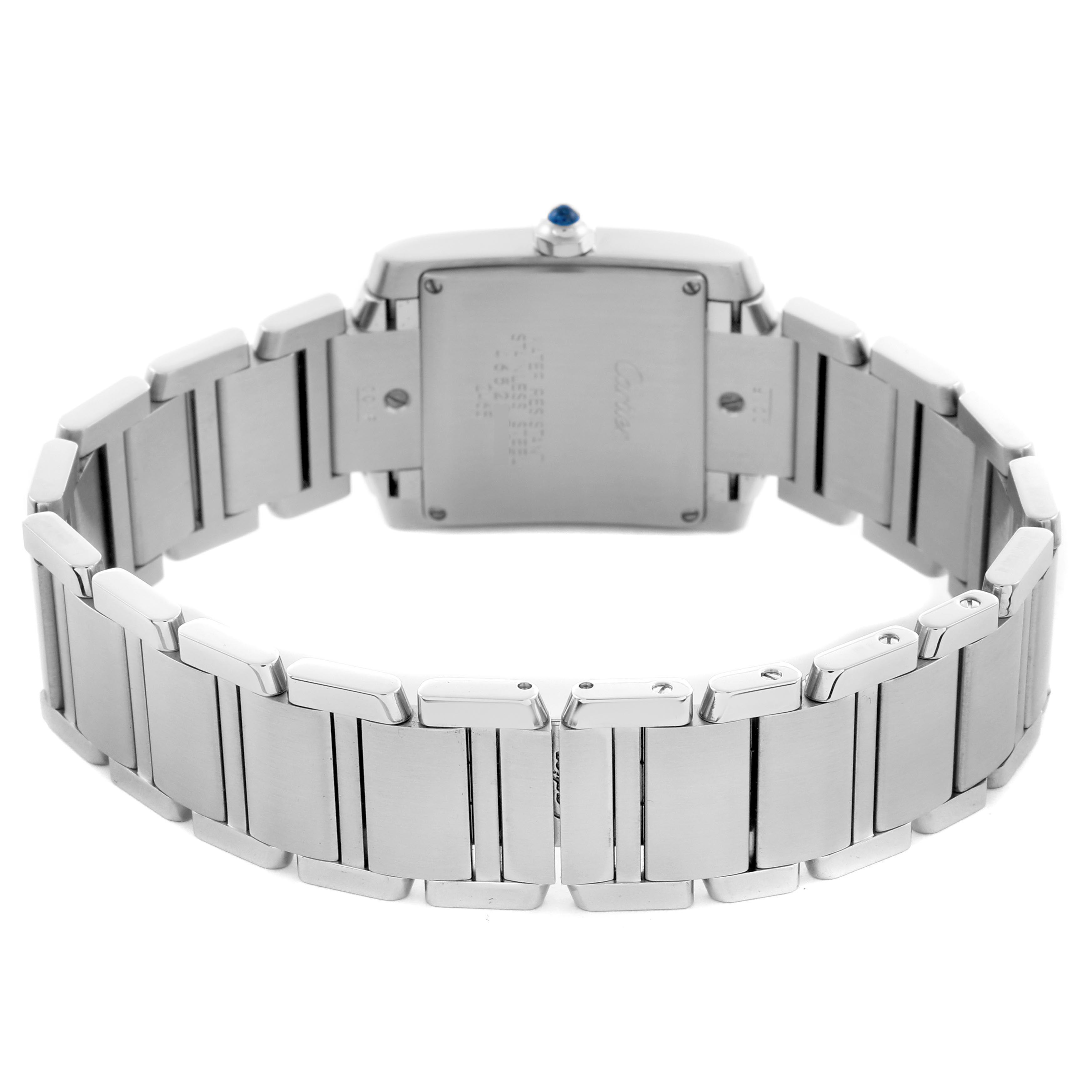 The Cartier Tank Francaise W51011Q3 Women's Stainless Steel Silver Dial W51011Q3 Women's Stainless Steel Silver Dial watch is shown from the back, highlighting the case back and stainless steel bracelet.