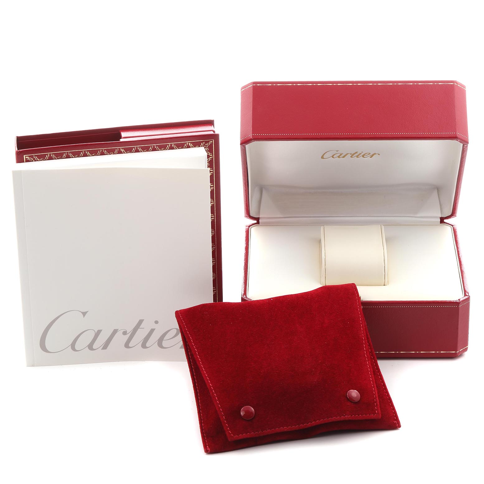 The image shows the packaging and accessories of a Cartier Tank Française watch, including a red box, booklet, and velvet pouch.