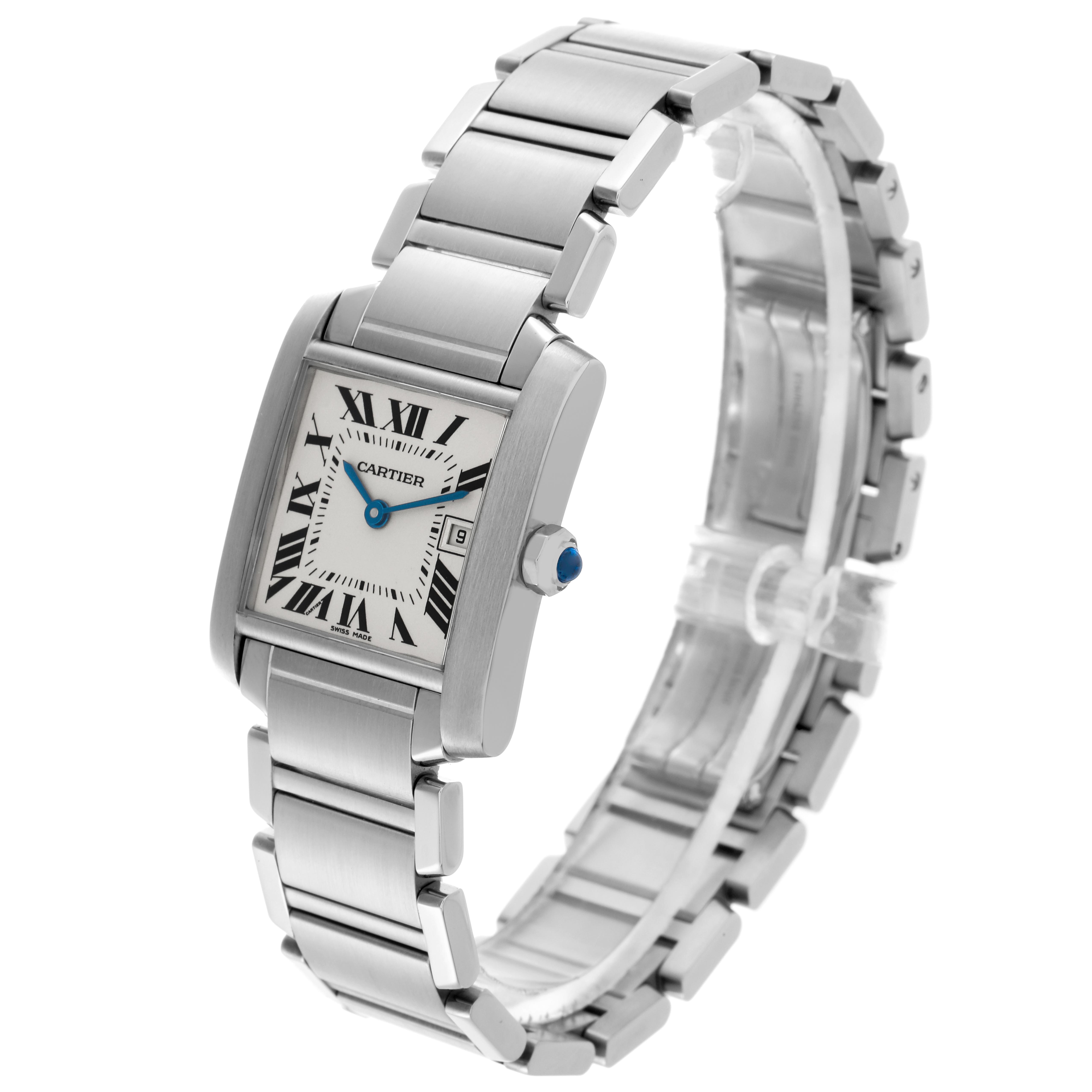 The Cartier Tank Francaise W51011Q3 Women's Stainless Steel Silver Dial W51011Q3 Women's Stainless Steel Silver Dial watch is shown from an angled side view, highlighting the bracelet, case, and dial.