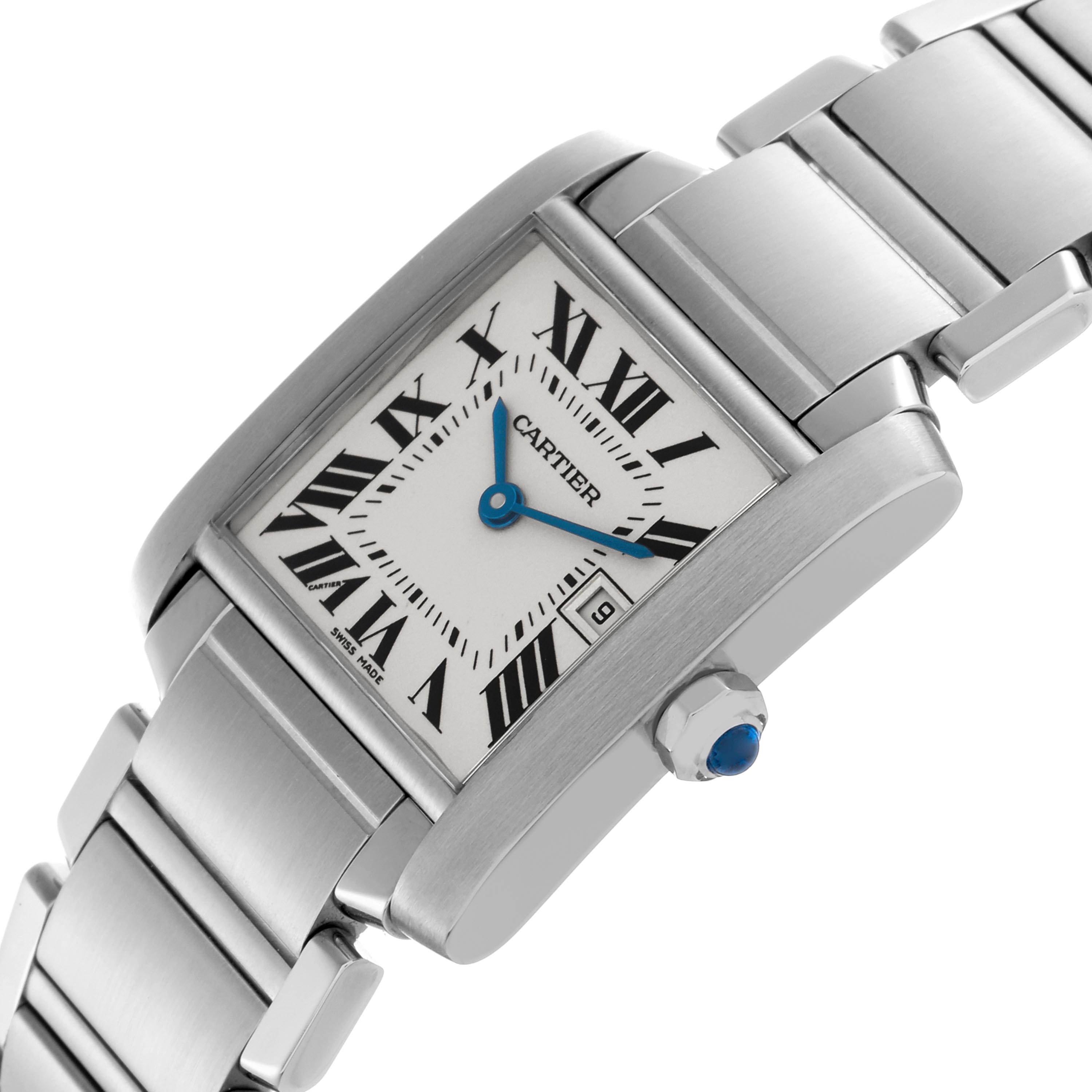 The Cartier Tank Française watch is shown from an angled view, highlighting its face, bracelet, and signature blue cabochon crown.