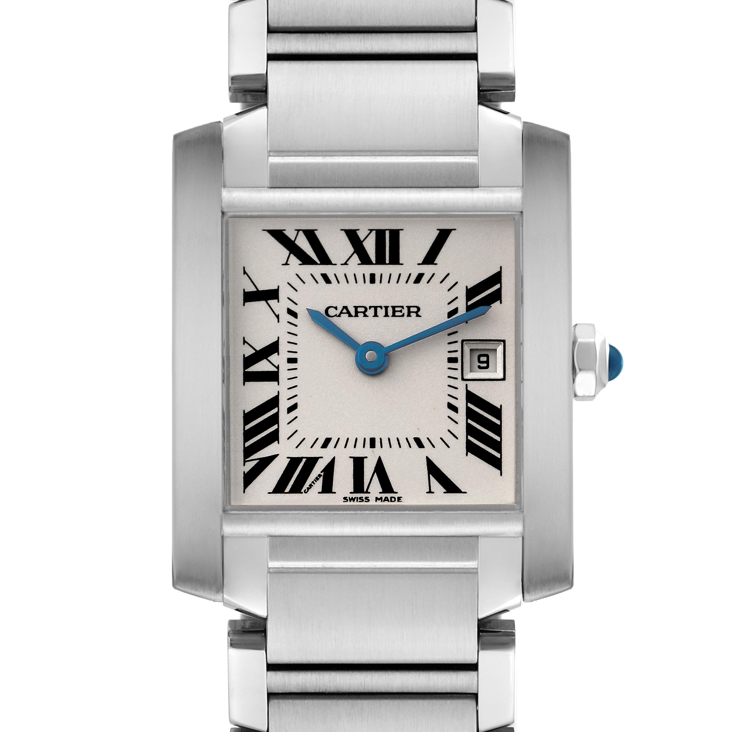 The Cartier Tank Francaise W51011Q3 Women's Stainless Steel Silver Dial W51011Q3 Women's Stainless Steel Silver Dial watch is shown from the front, displaying its rectangular face, Roman numerals, and metal bracelet.
