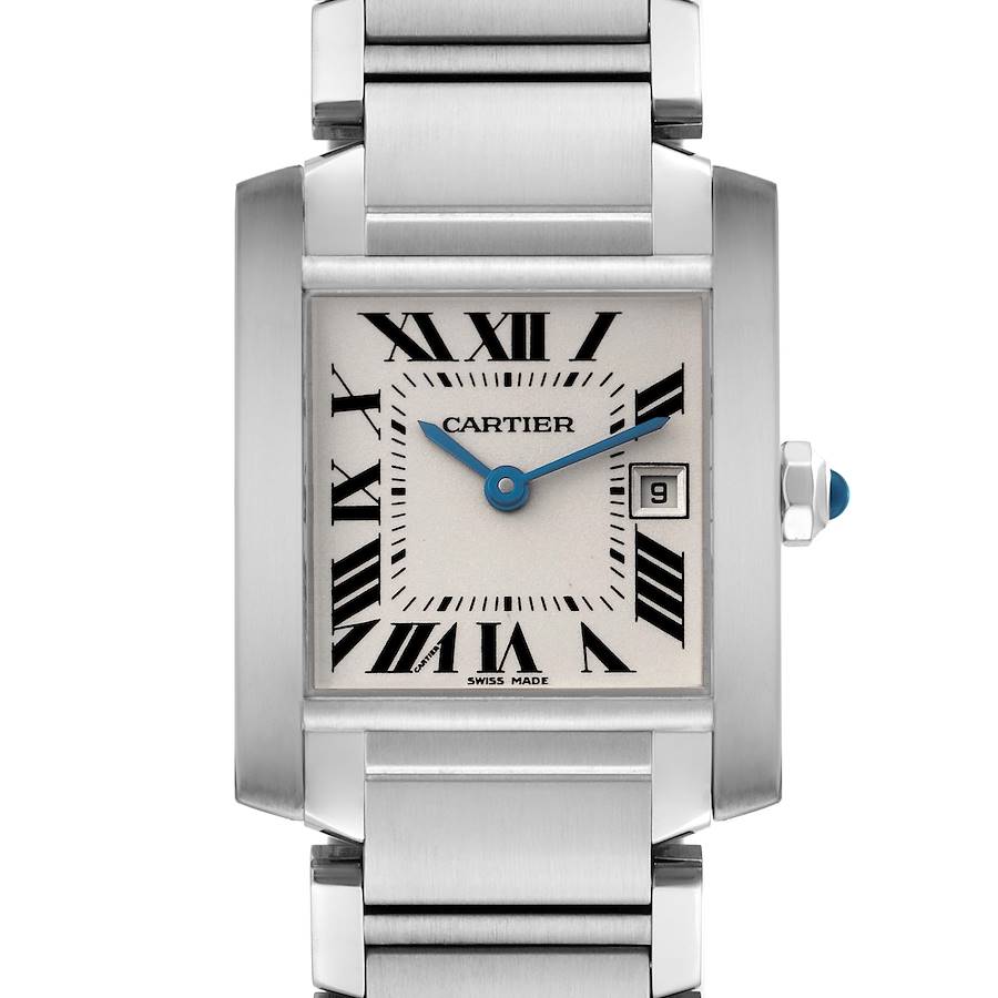 The Cartier Tank Francaise watch is shown from the front, displaying its rectangular face, Roman numerals, and metal bracelet.