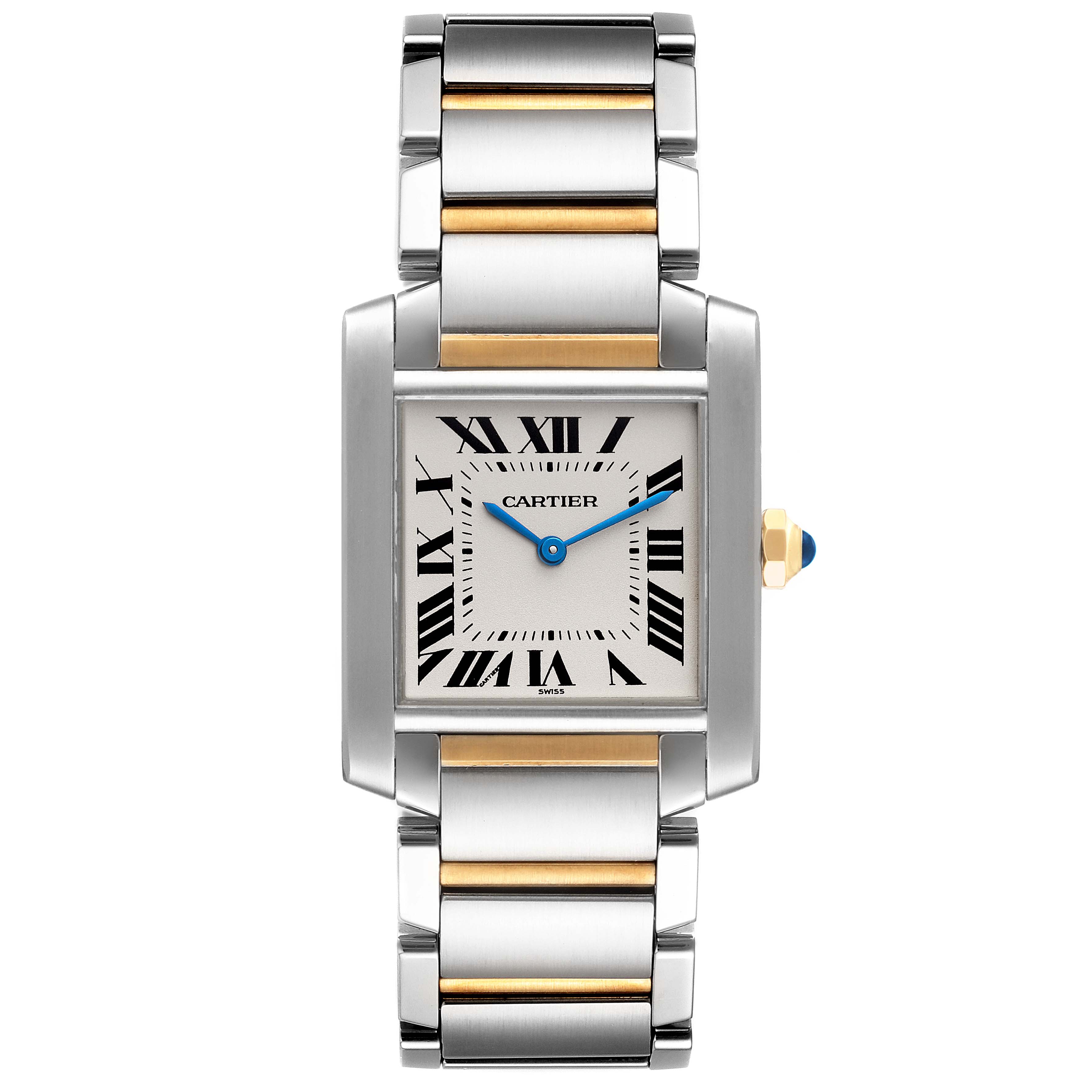 This image shows a front view of the Cartier Tank Francaise W2TA0003 Women's Steel and Gold (two tone) Silver Dial W2TA0003 Women's Steel and Gold (two tone) Silver Dial watch, highlighting the dial, bracelet, and crown.